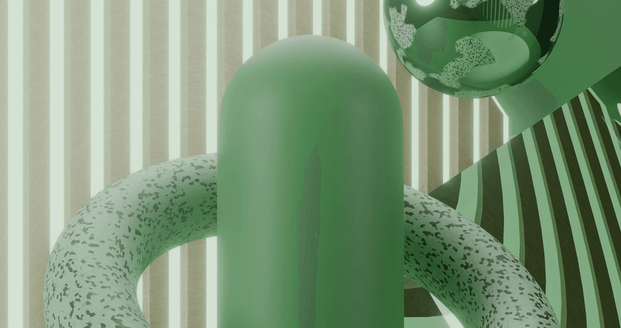Abstract green 3D shapes. Cylinder, torus, and geometric design.