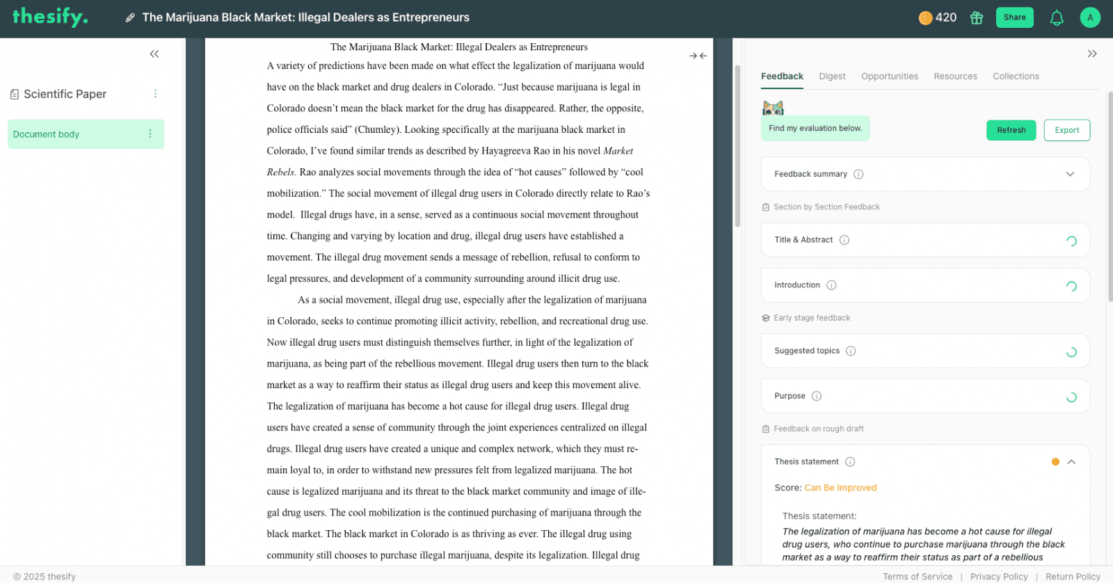 thesify's AI peer review assistant interface providing section-by-section feedback and evaluating a draft's thesis statement for improvement.