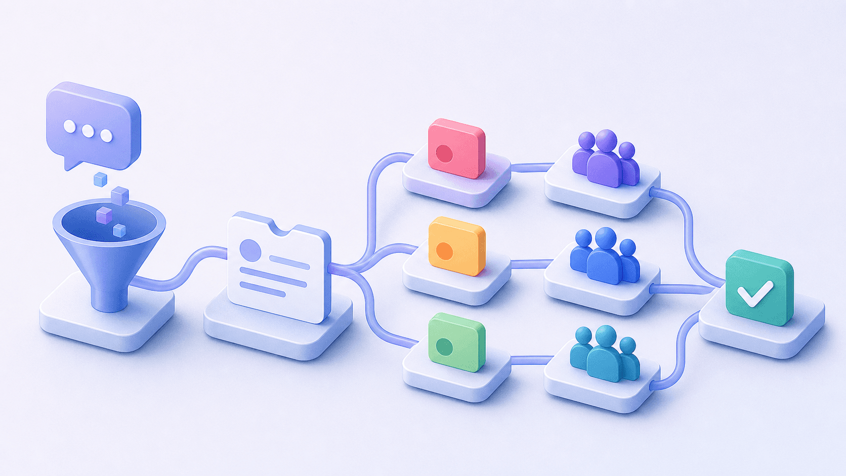 A clean isometric illustration showing a digital workflow pipeline with interconnected stages: a chat bubble entering a funnel, flowing into a ticket card, then branching into priority lanes, routing to different team tiers, and finally resolving with a checkmark. Soft blue and purple tones, modern flat design, no text or labels anywhere in the image.