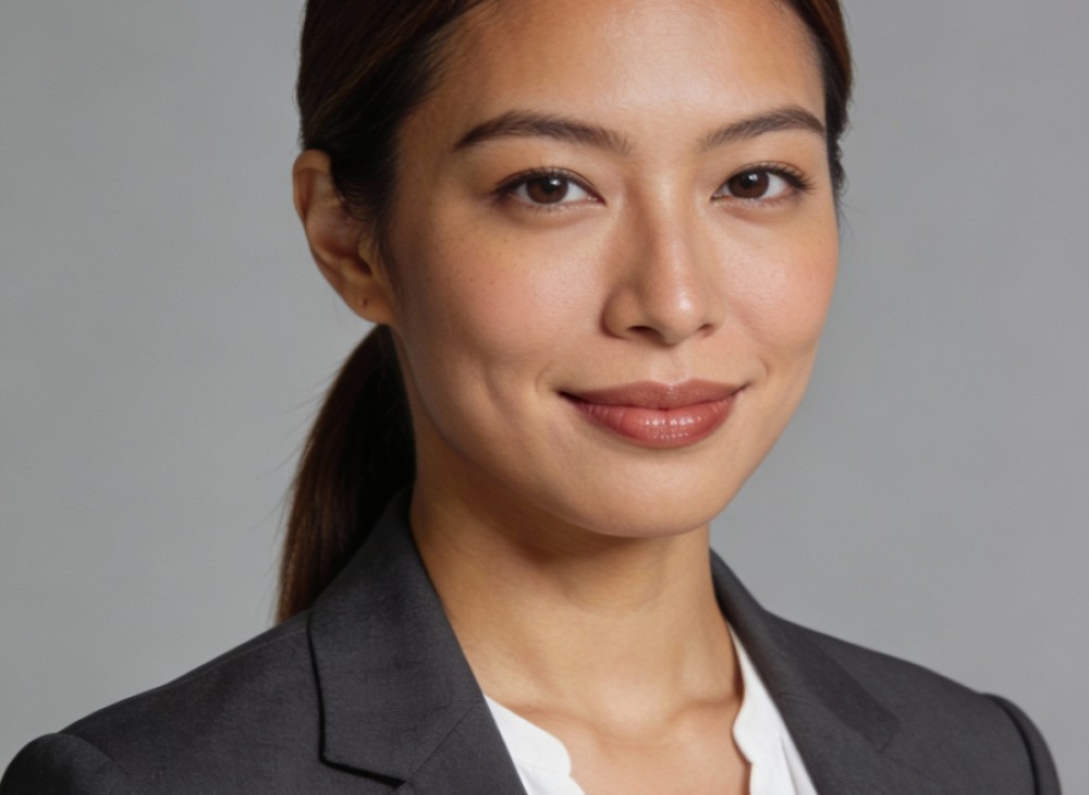 A professional woman with long dark hair in a ponytail, wearing a gray blazer and white blouse, smiles confidently against a plain backdrop.