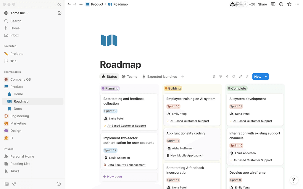 A digital workspace displaying a Notion roadmap with columns for various projects, including planning, building, and launching phases, featuring task cards with distinct categories and labels for better organization and project tracking.