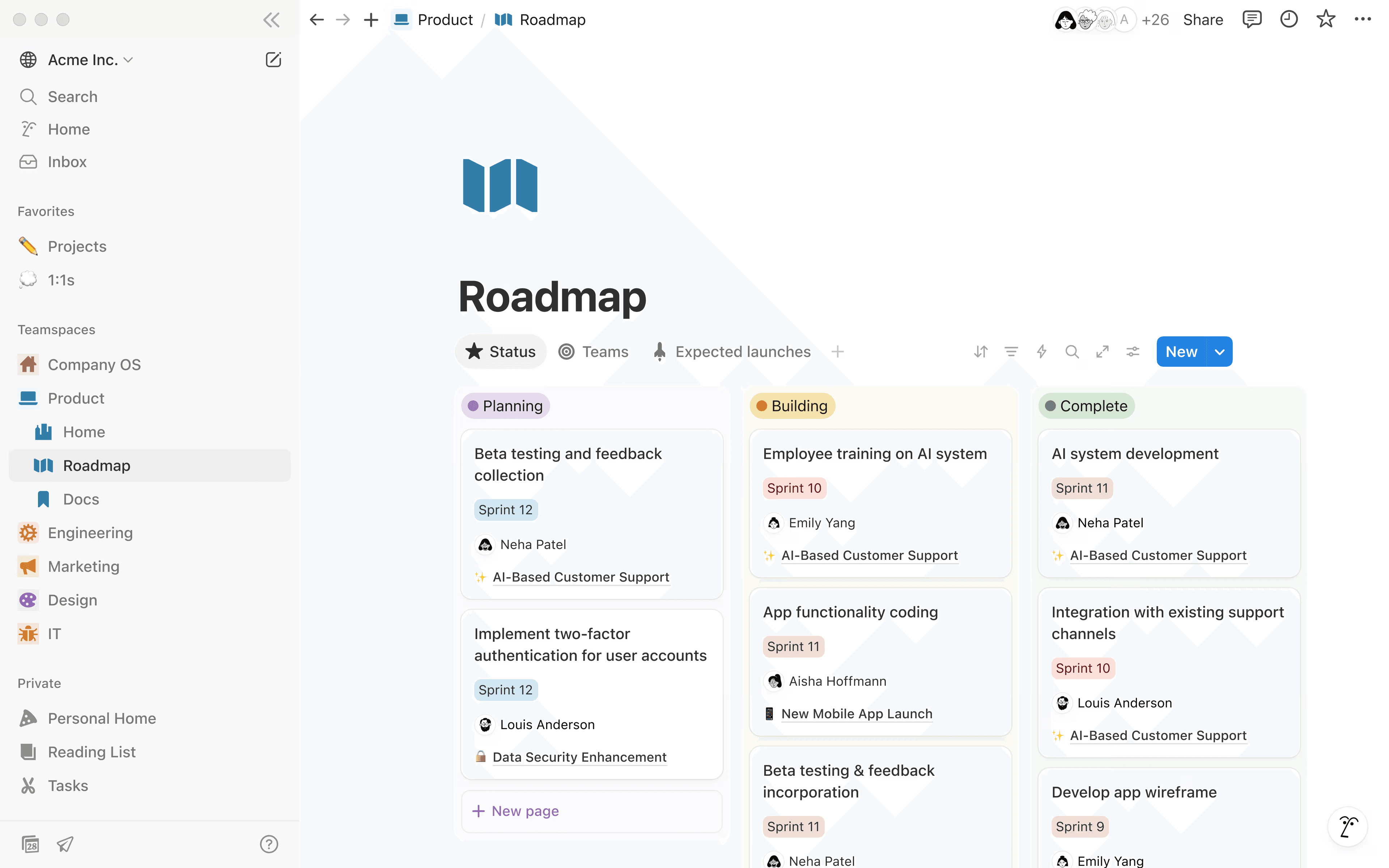 A digital workspace displaying a Notion roadmap with columns for various projects, including planning, building, and launching phases, featuring task cards with distinct categories and labels for better organization and project tracking.