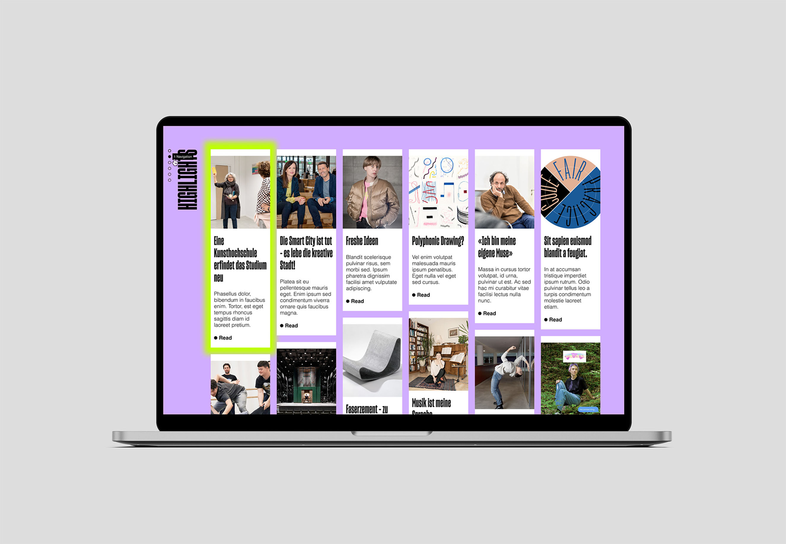 A laptop displays the digital version of the ZHdK 2022 Annual Report. The UI/UX design features a high-contrast purple and lime-green palette with a structured grid of faculty members and research projects, highlighting the studio's expertise in web design for educational institutions.