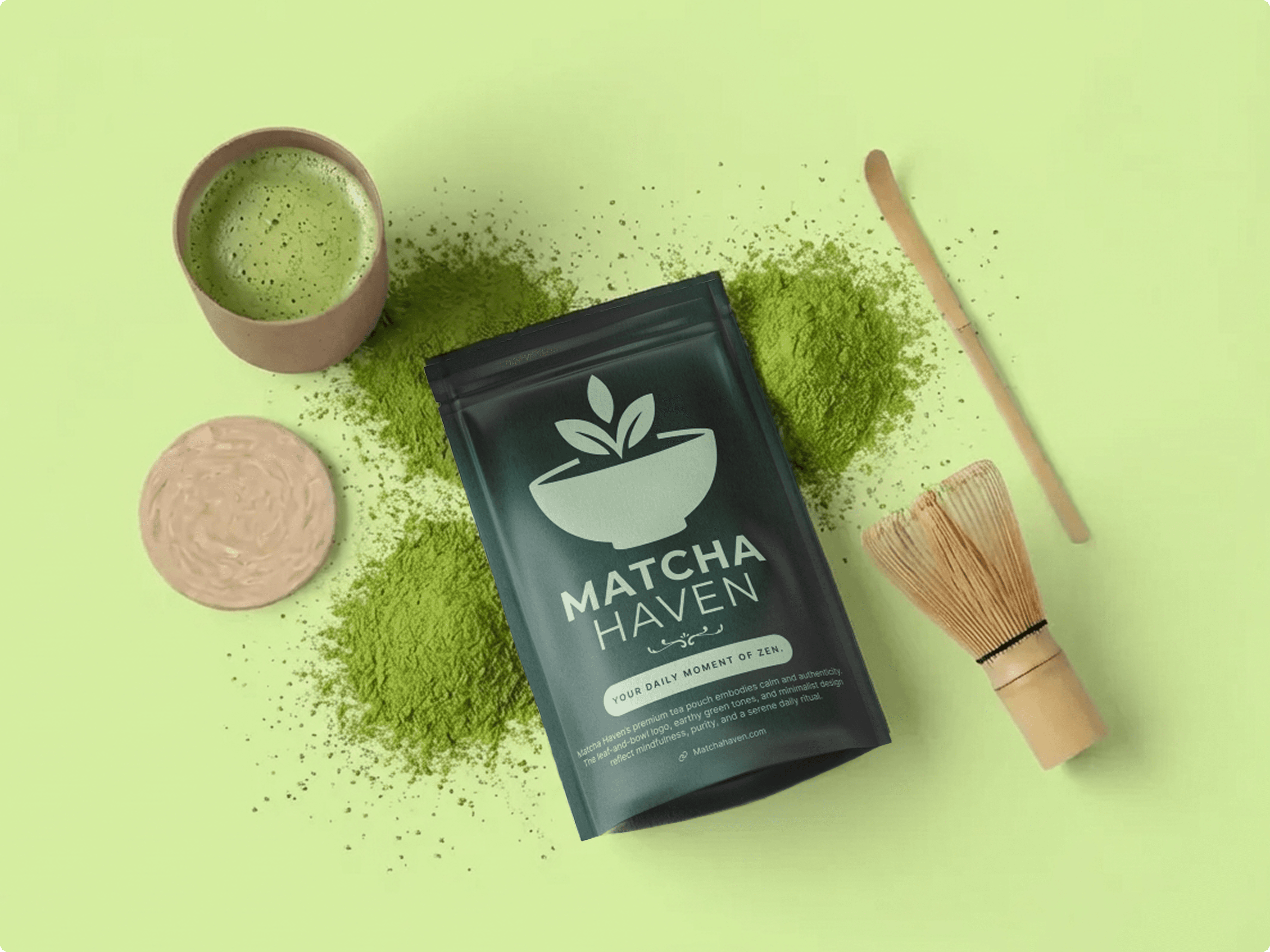 Matcha Haven organic matcha tea packaging with wooden scoop, bowl and green powder on pastel background