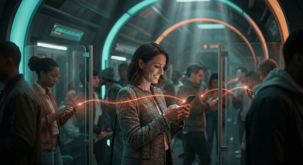 A hyper-realistic portrait of a creative professional standing in a futuristic subway station in 2026. She is smiling at her smartphone, which emits a glowing red thread of light connecting to the devices of passersby. This concept art illustrates the power of social media storytelling, digital connectivity, and network effects in a moody, cinematic teal and orange setting.
