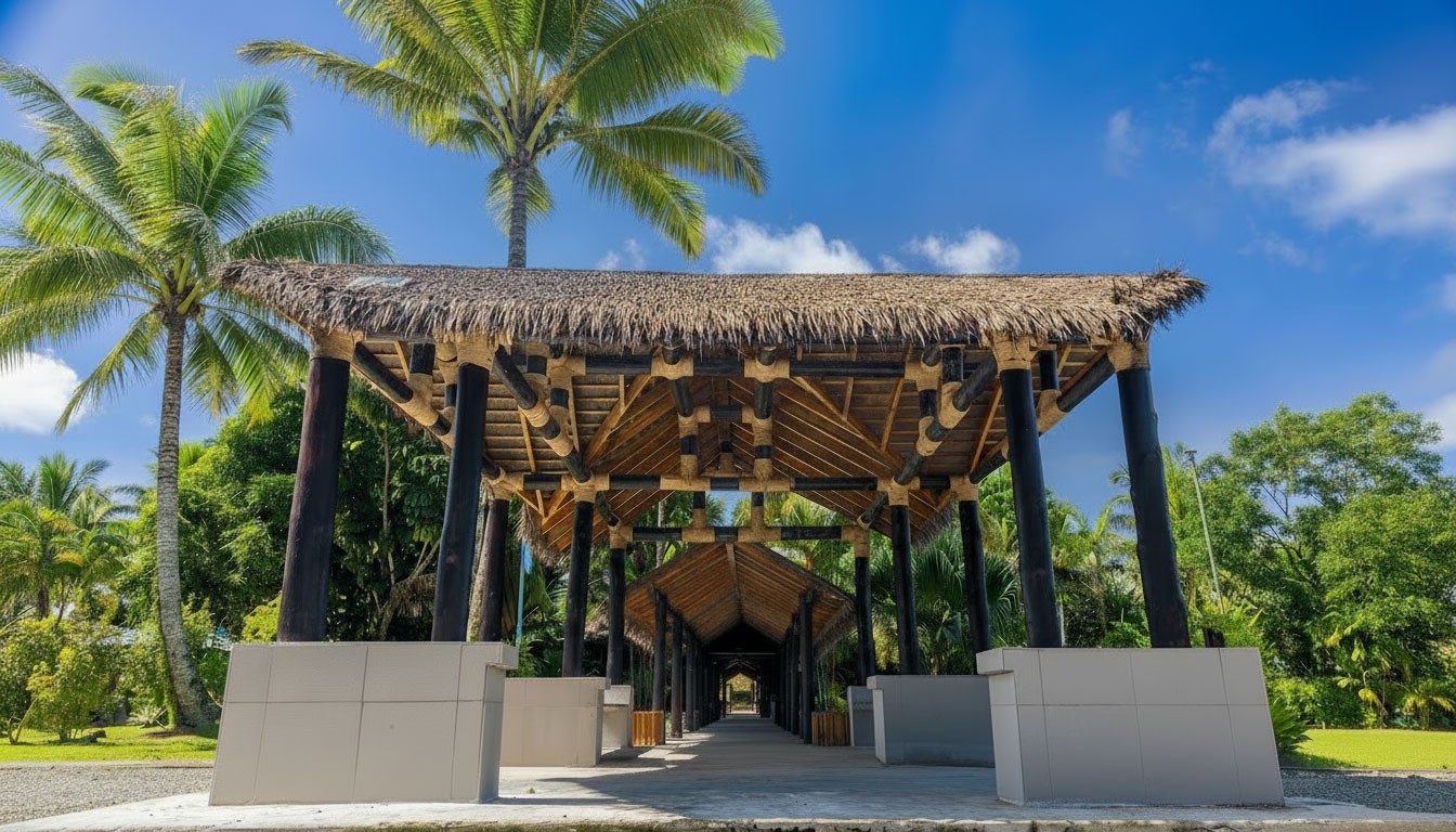 Fiji hut style entrance to Uprising Resort in Fiji, surrounded by nature, trees and pathway with foliage