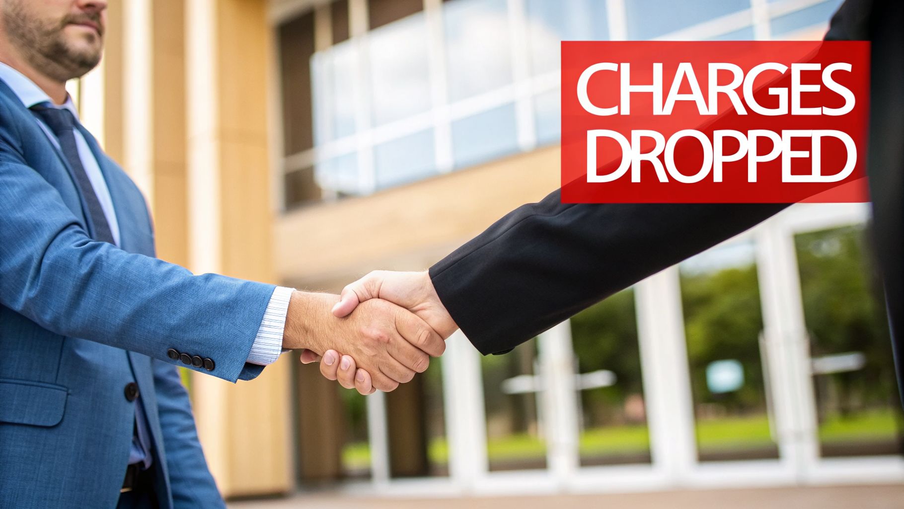 Two men in suits shaking hands with a red sign stating 'CHARGES DROPPED' in a legal context.