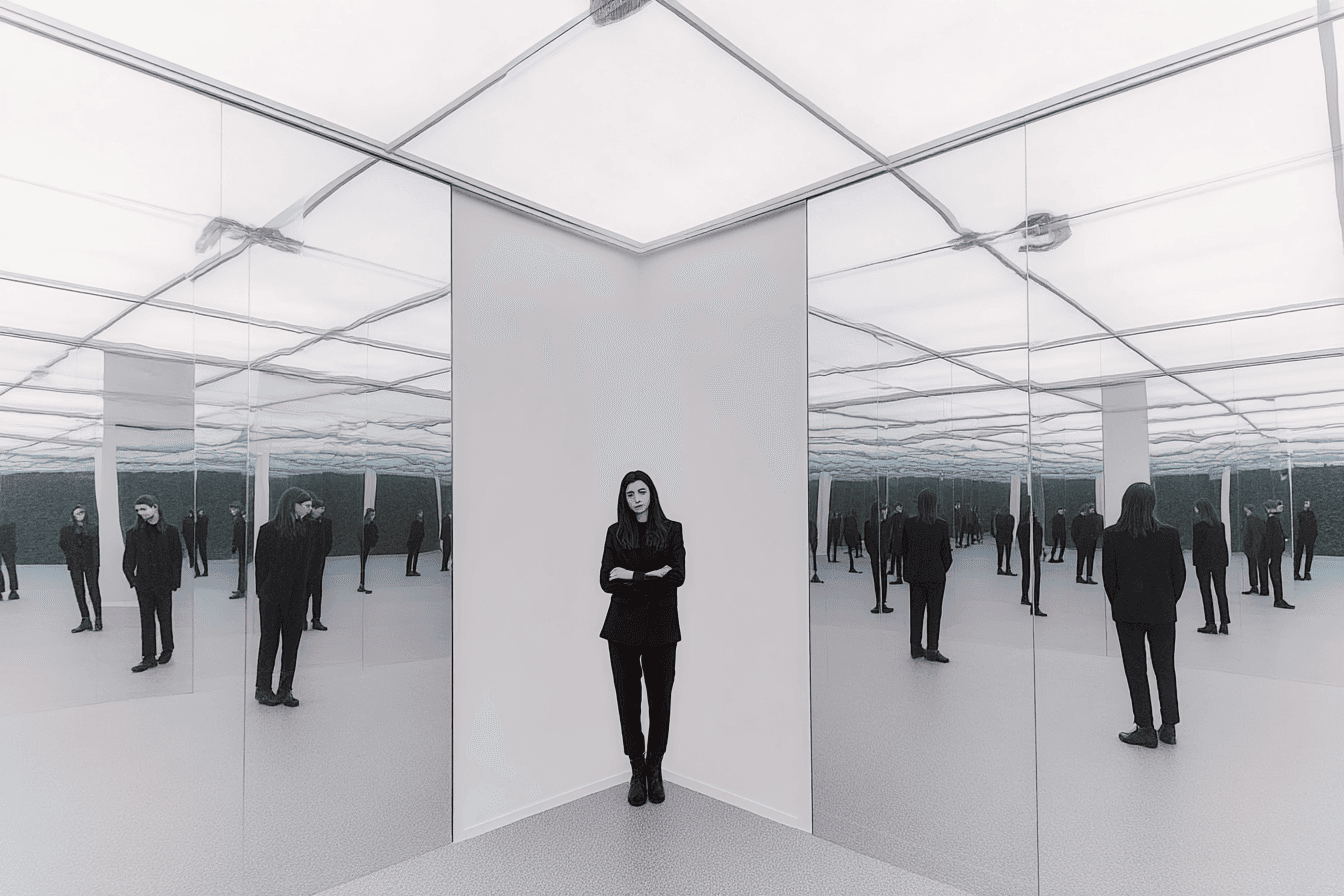 Donna con camicia scura dietro un vetro zigrinato, intenta a osservare una penna nelle sue mani. L’atmosfera suggerisce concentrazione e riflessione in uno spazio di lavoro.