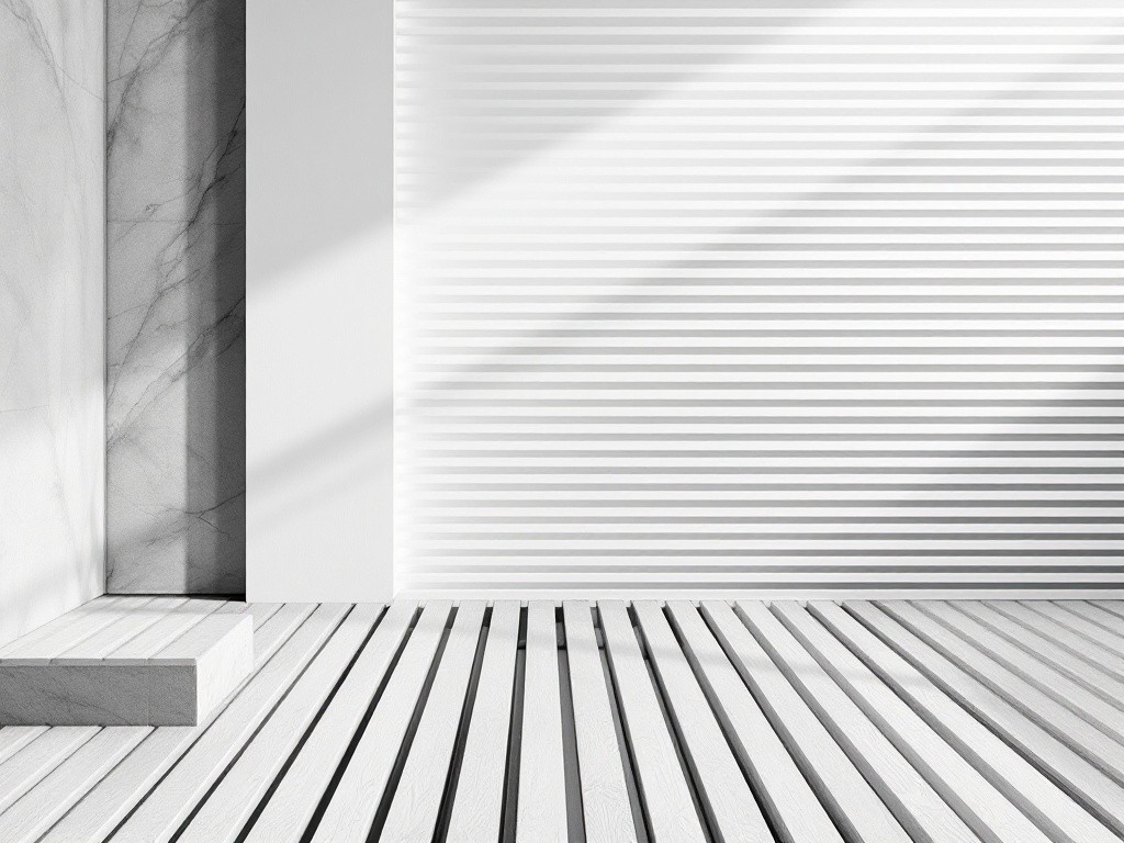 White room with marble wall and wooden floor