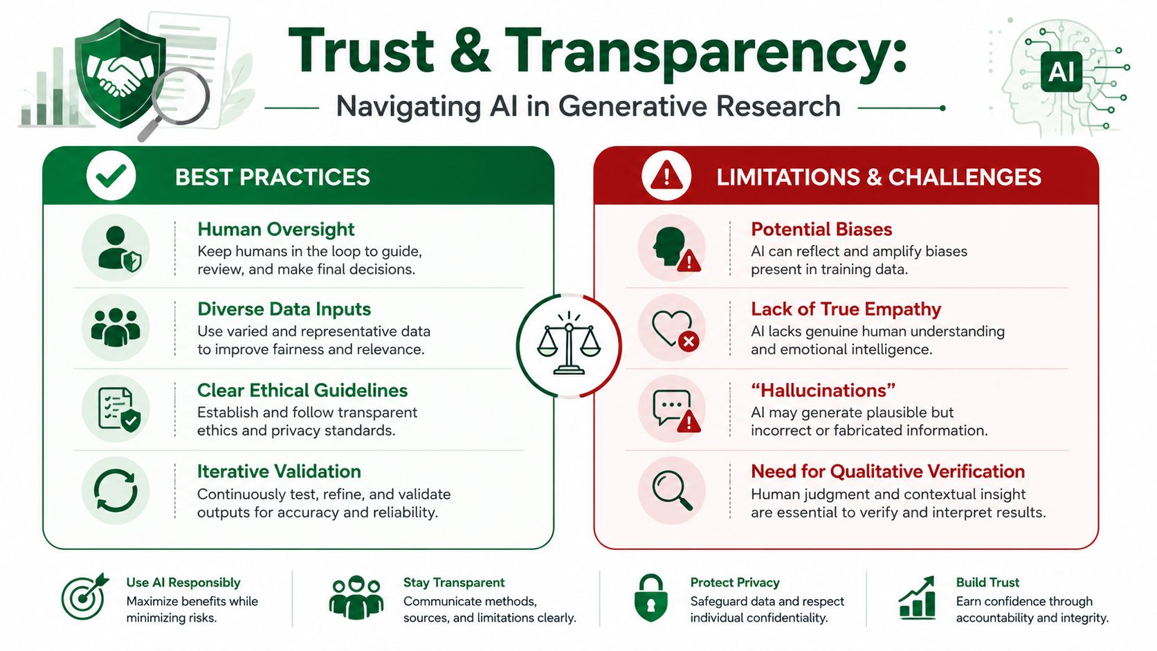 An infographic detailing best practices and challenges for trust and transparency in generative AI research.