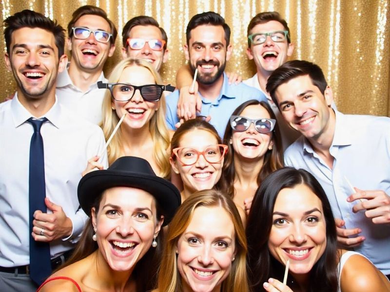 Friends squeezing into a photo booth