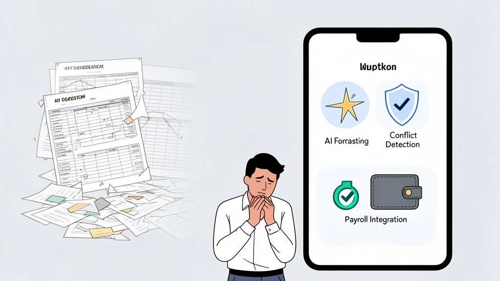 A stressed man overwhelmed by messy papers, contrasted with a smartphone app offering AI forecasting and payroll solutions.