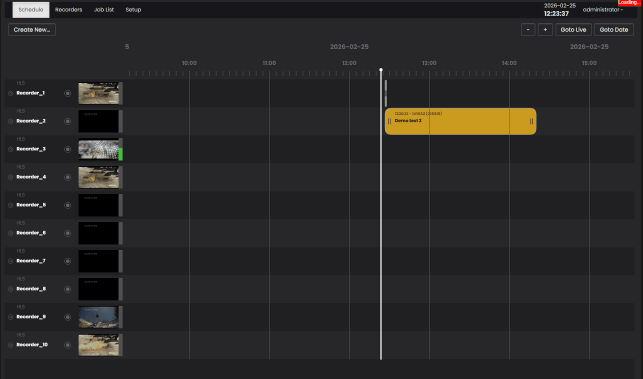 User interface of the Woody Technologies recording scheduler. The dark-mode dashboard displays a timeline for managing multiple HLS recording channels, allowing broadcasters to automate the capture of live social media streams and user-generated content for immediate production use.