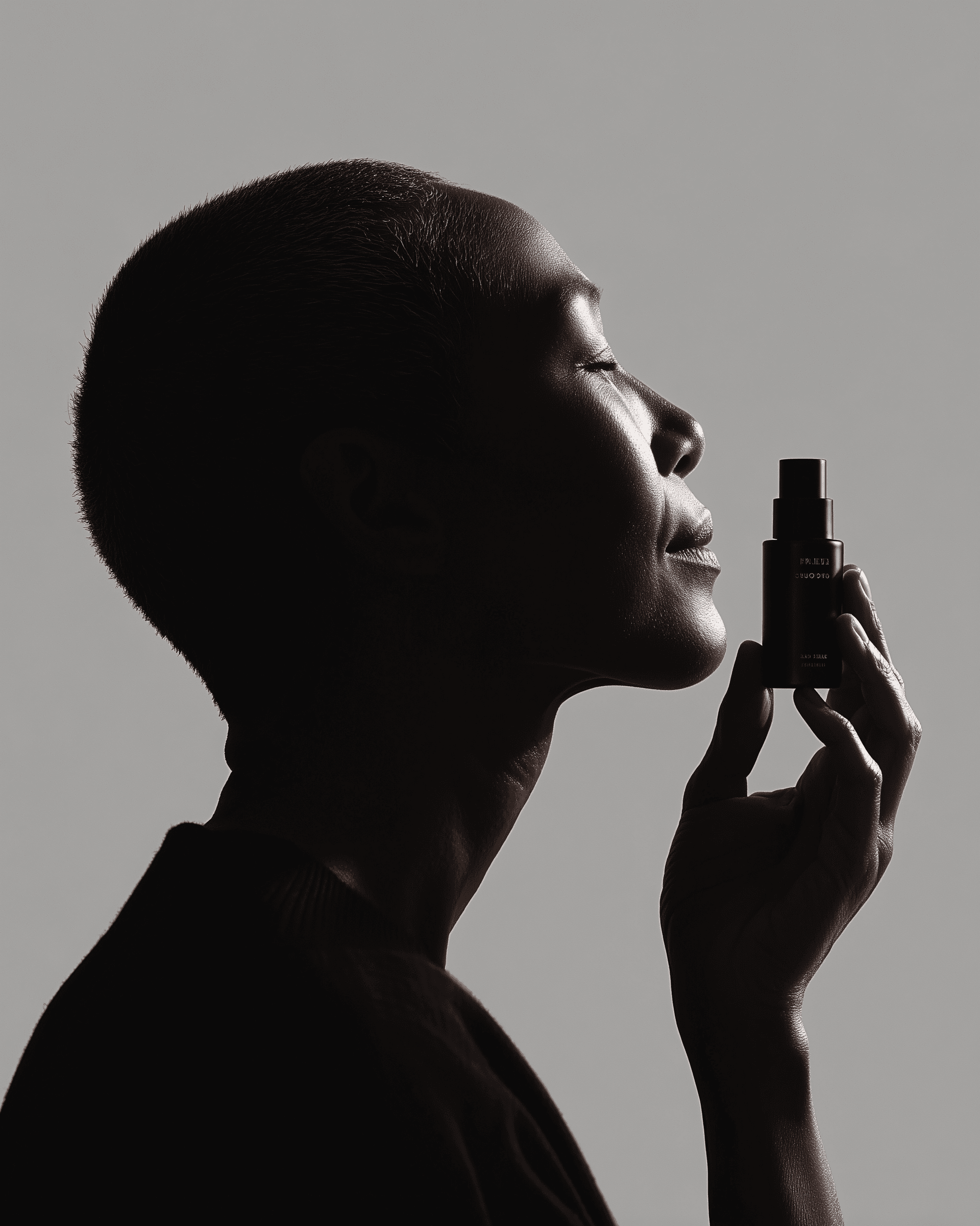 Woman holding bottle near face in soft light
