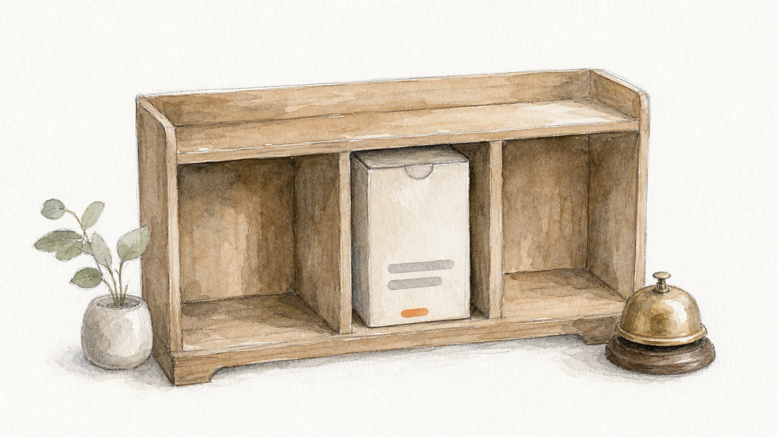 An empty wooden shelf with one product box returned to its slot and a small bell beside it.