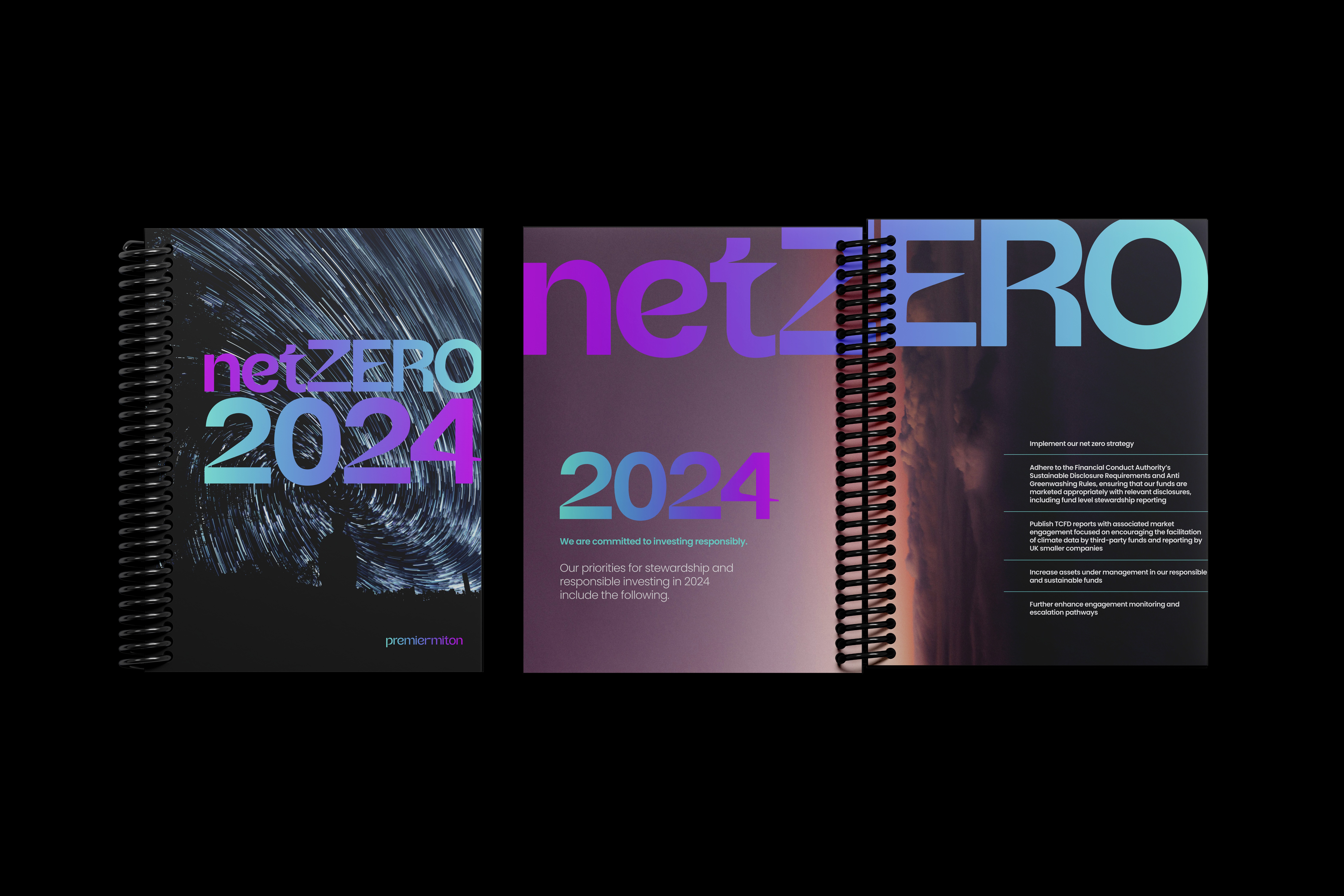 Premier Miton concept brochure showcasing a Net Zero branded design with large imagery and modern typography.