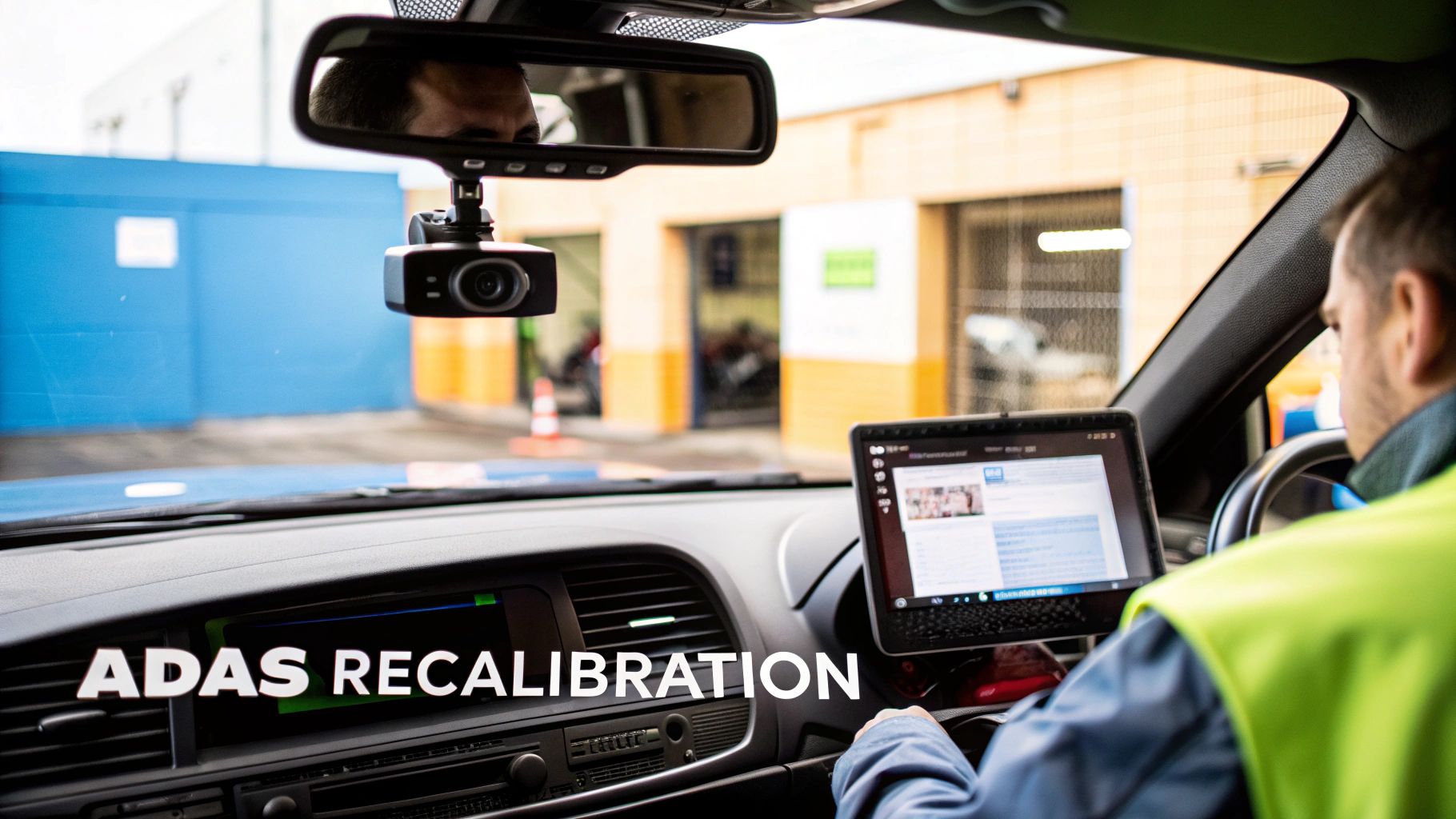 A technician performing ADAS recalibration on a vehicle's windshield.