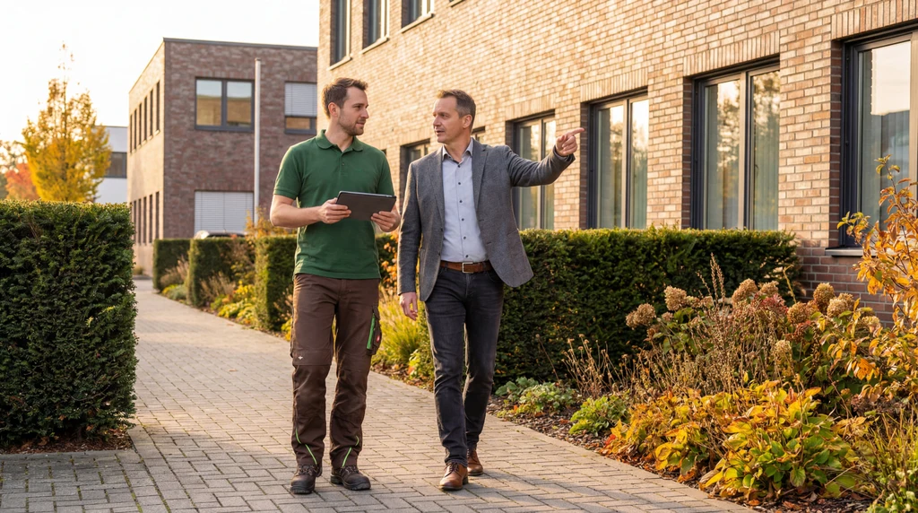 Twee mannen lopen buiten bij bedrijfspand voor groenonderhoud bespreking.