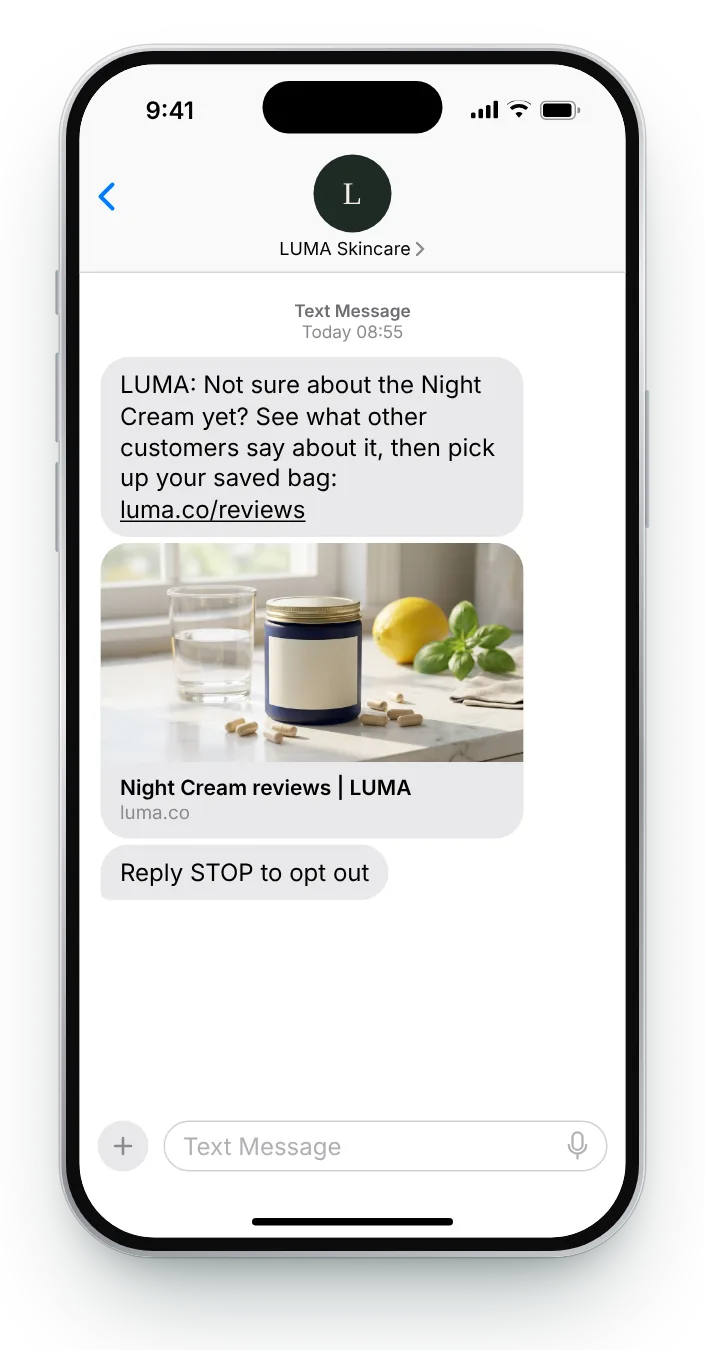 Let other customers do the talking abandoned cart SMS on an iPhone