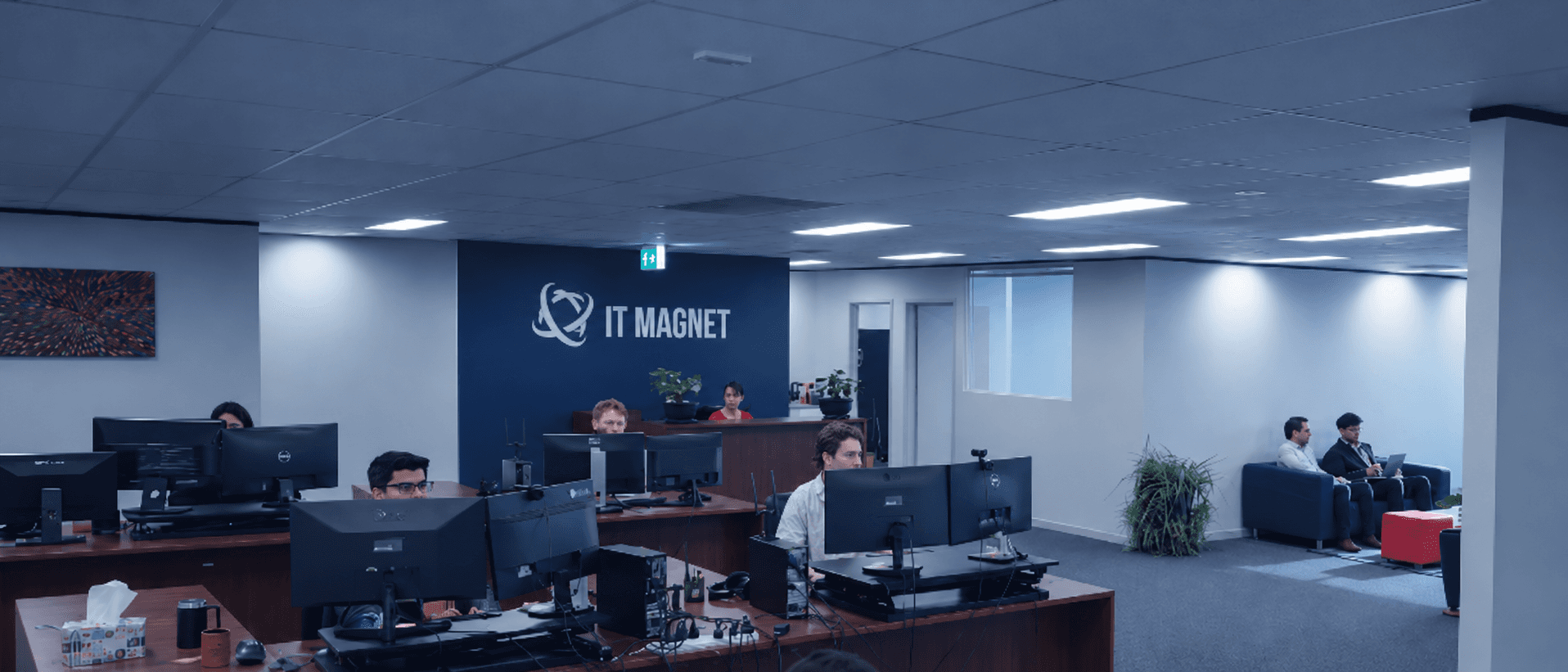AI technology team collaborating in an office