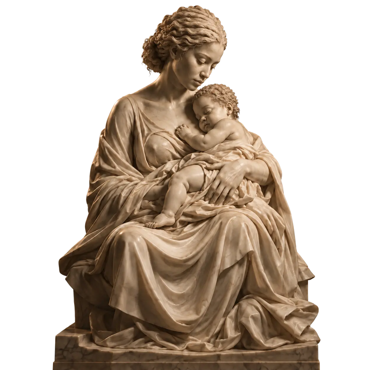 Marble sculpture of a mother cradling her sleeping baby