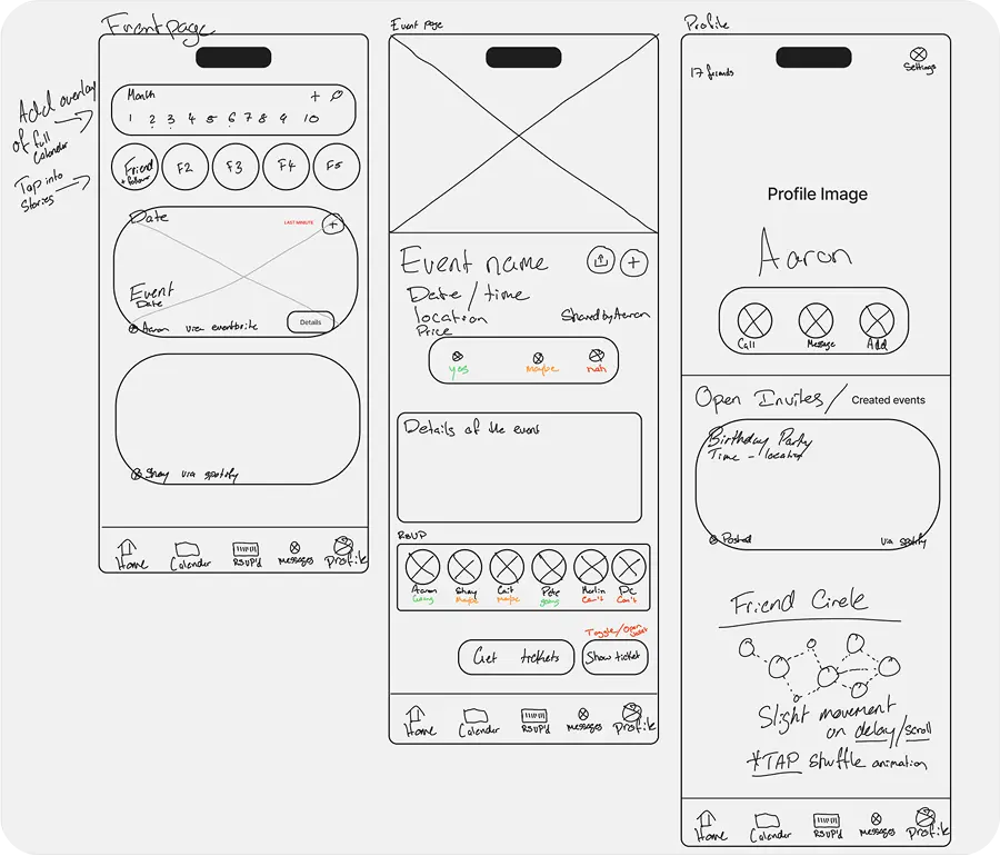 Early pencil sketches exploring the Home, Create Event, and Profile screen layouts for Gatherly