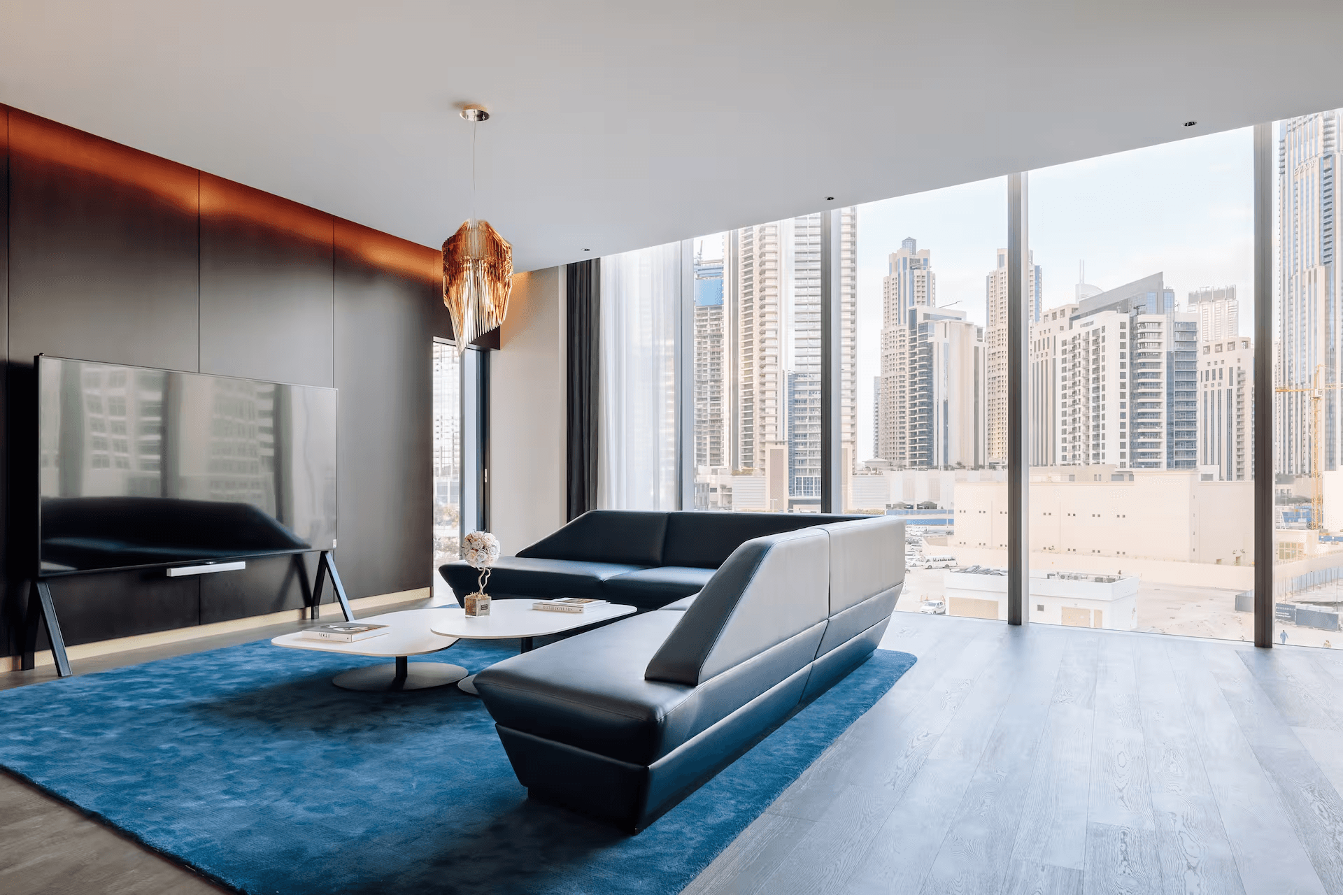 Contemporary suite at ME Dubai by Meliá, a design-focused pet-friendly hotel overlooking Dubai’s skyline.