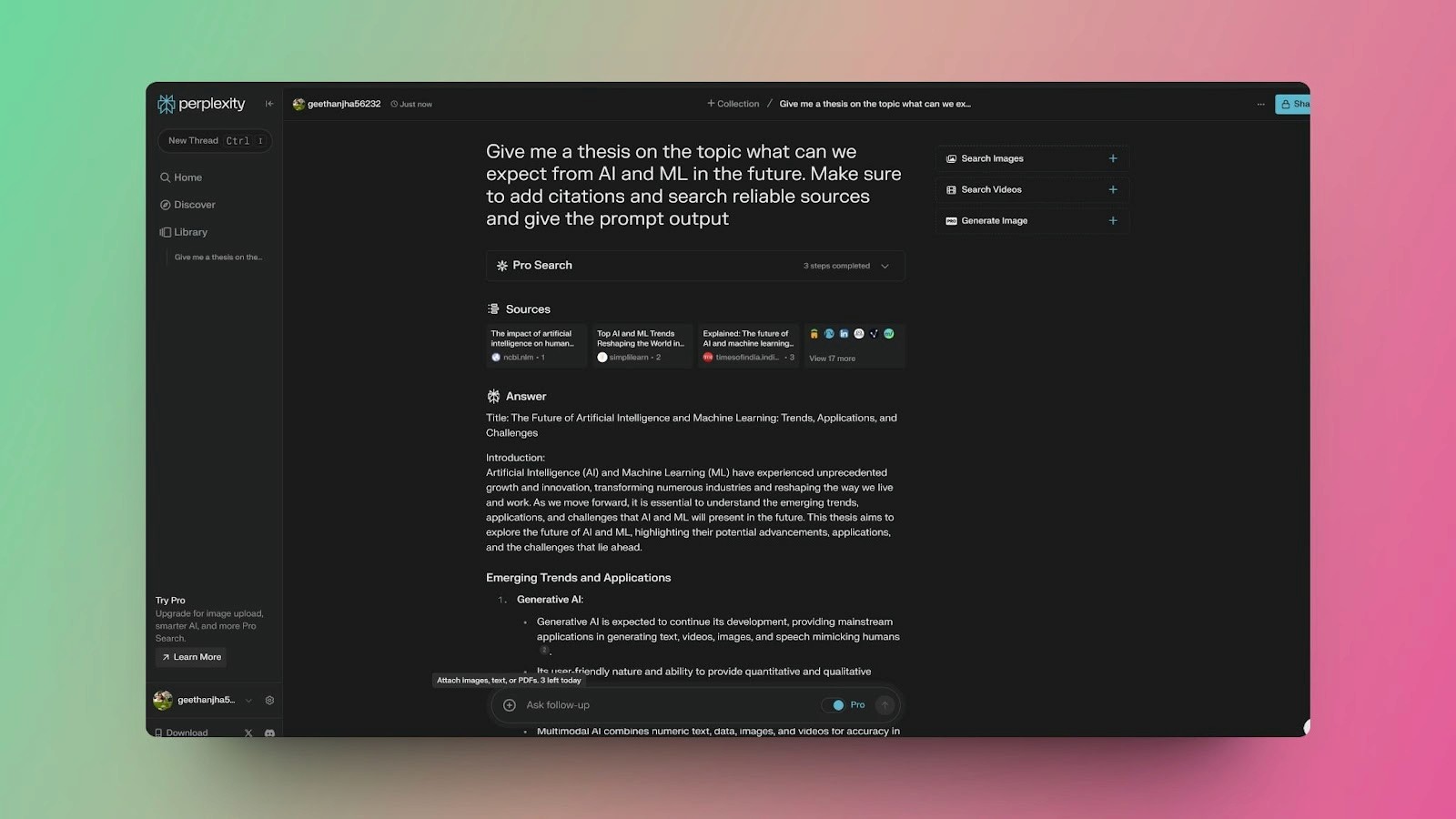 An image of Perplexity AI generating a thesis on future expectations from AI and ML, including trends, applications, and challenges.