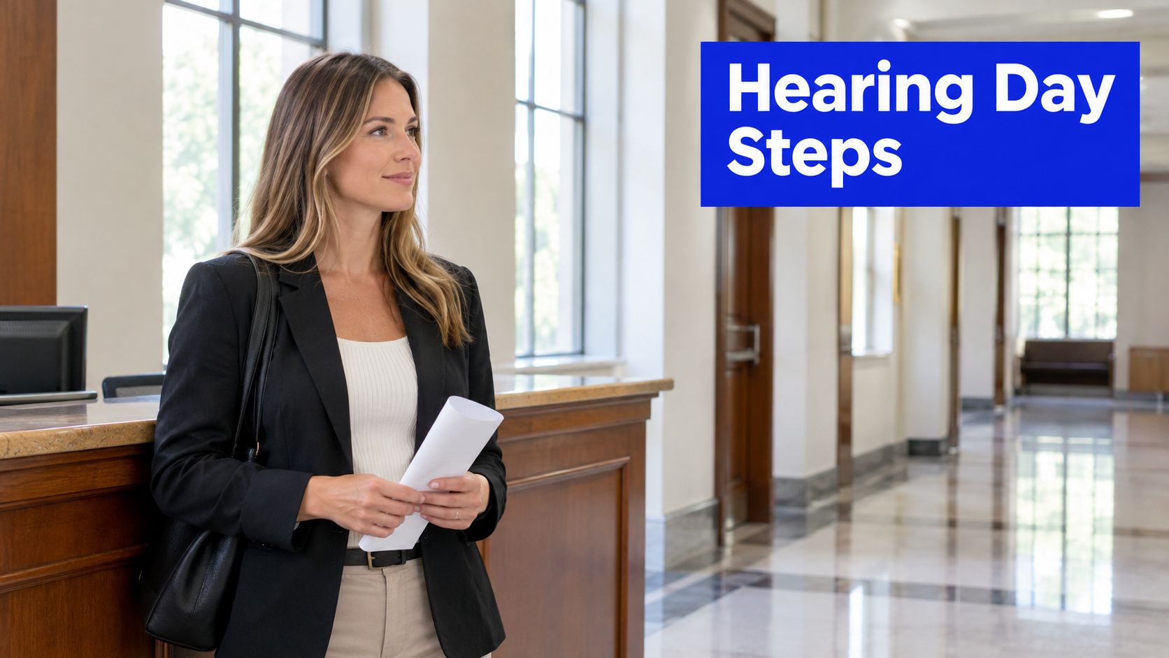 A professional woman standing at a courthouse reception desk holding documents before her legal hearing.