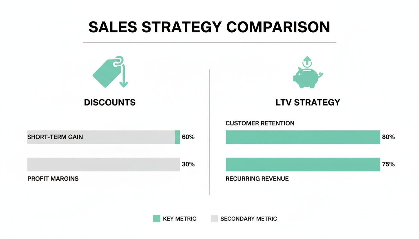 A sales strategy comparison chart showing discounts and LTV strategy metrics with percentages.