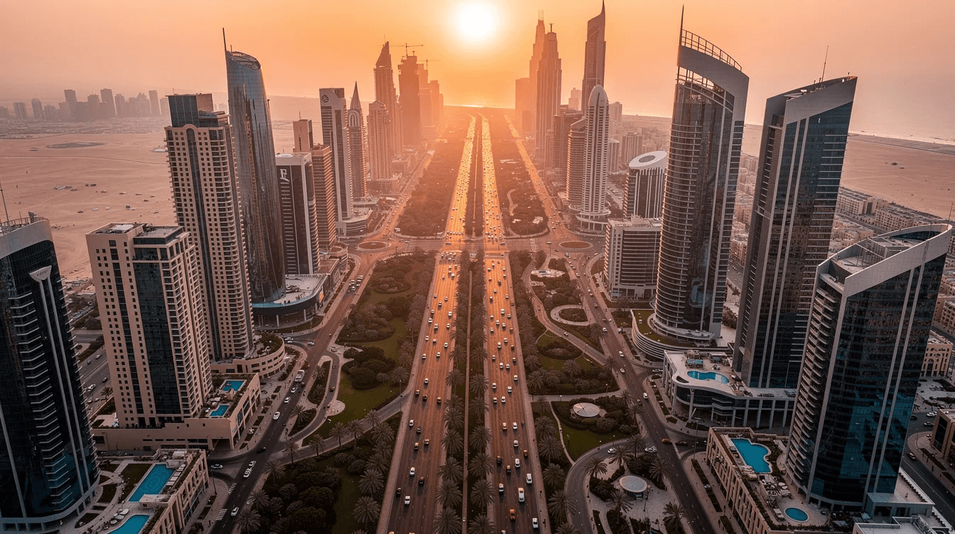 An aerial view captures the modern Dubai business district at sunset, showcasing sleek glass towers and palm-lined boulevards bathed in warm hues. This vibrant scene reflects the innovative solutions and creative excellence offered by design agencies in Dubai, catering to businesses seeking a competitive edge in a crowded market.