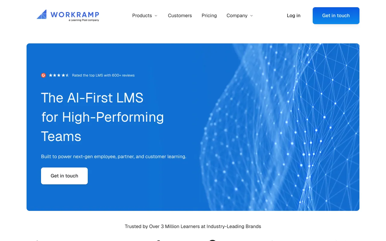 WorkRamp homepage, AI-first LMS for high-performing teams