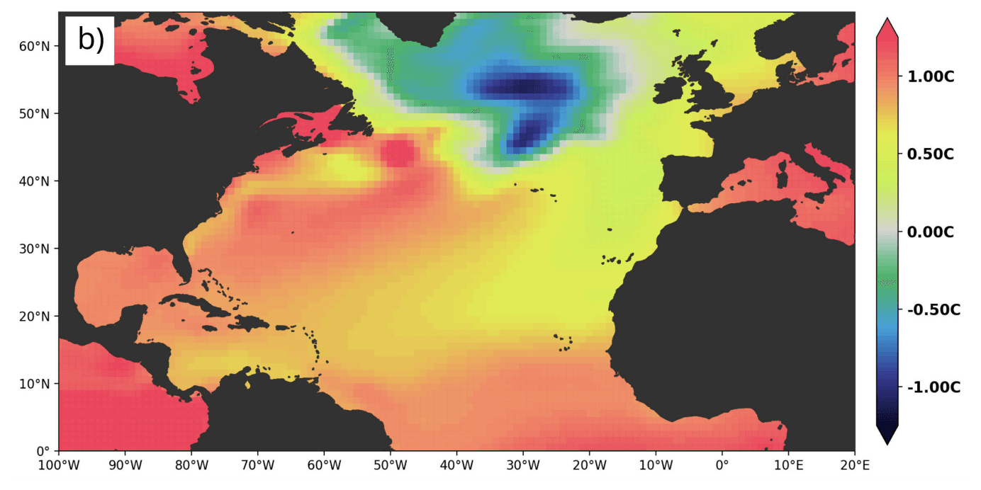 Sea surface temperature anomalies under a 2°C warming scenario showing warmer water extending poleward along the US east coast. Source: Pope and Phibbs 2025, Figure 3b.