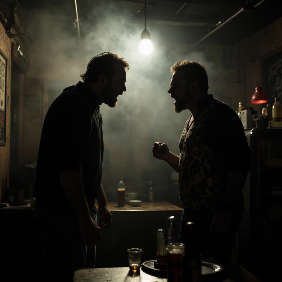 2 männer streiten sich in einer dunklen bar
