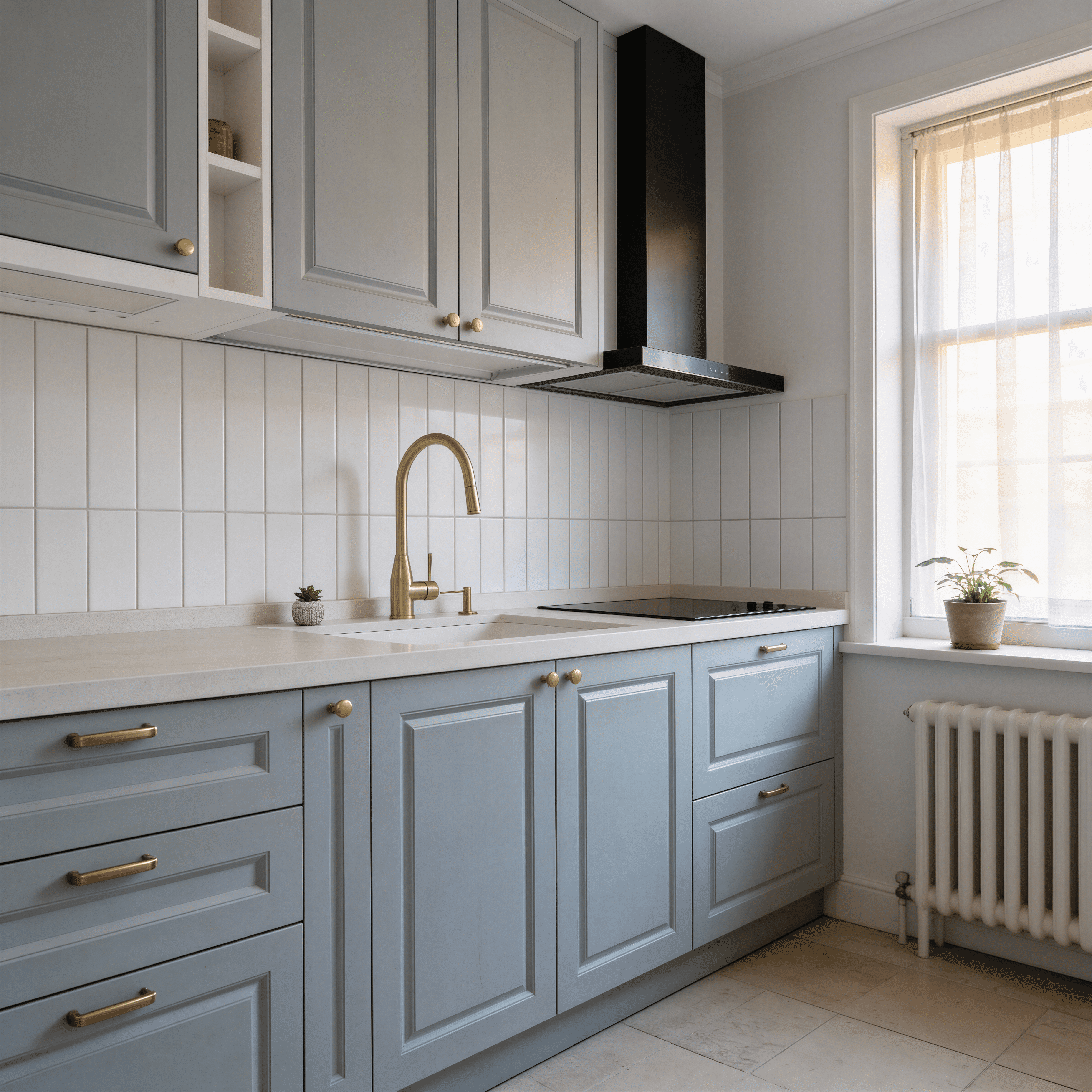 Bucătărie clasică modernă, fronturi gri cu rame, blat deschis și faianță verticală albă, iluminată natural.