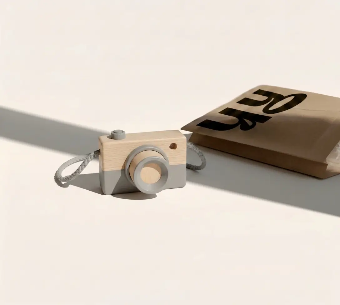 Wooden toy camera unwrapped from its HK packaging.