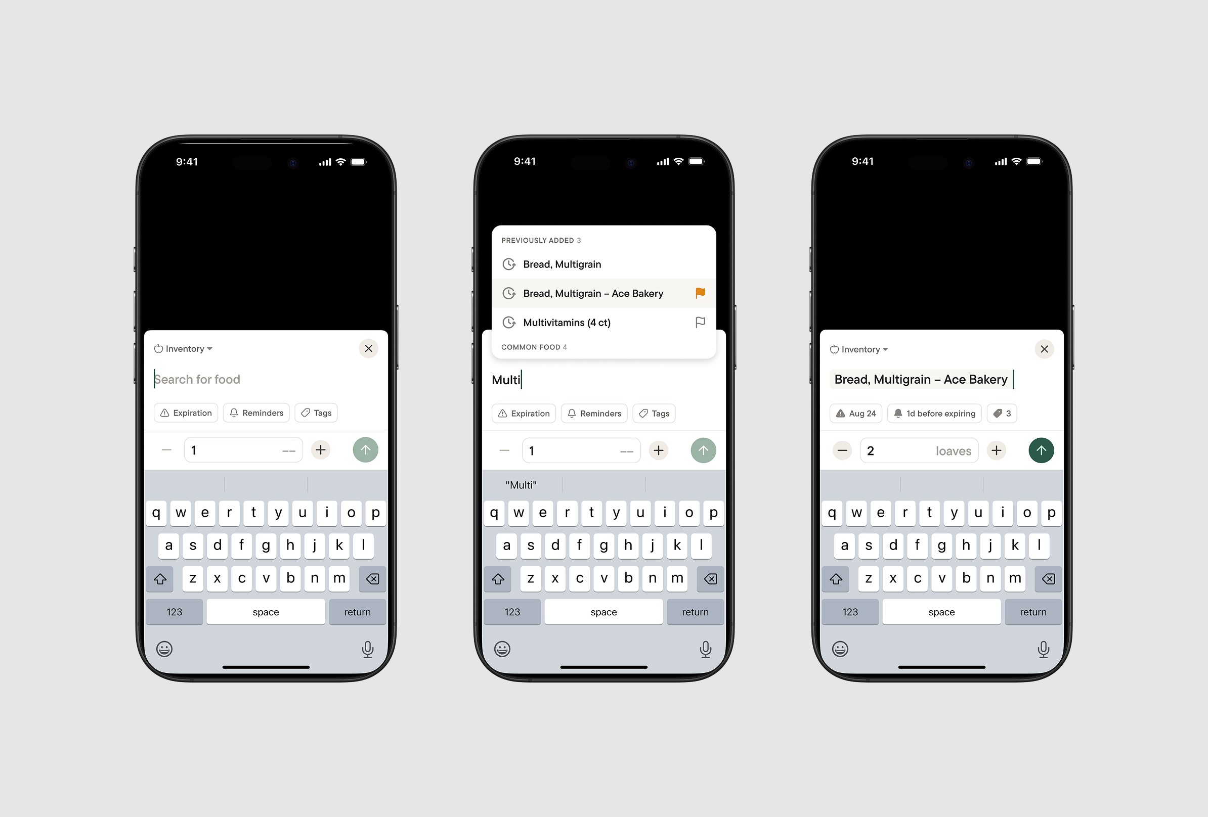 Add Items to Inventory screens (Default, Typing, and Added states).