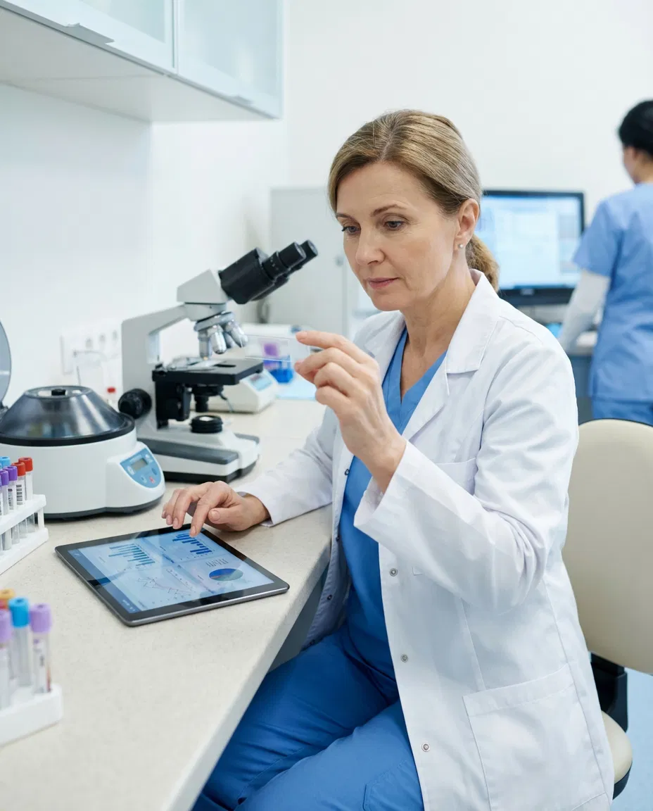 Doctor examining a blood test result in a clinical setting.