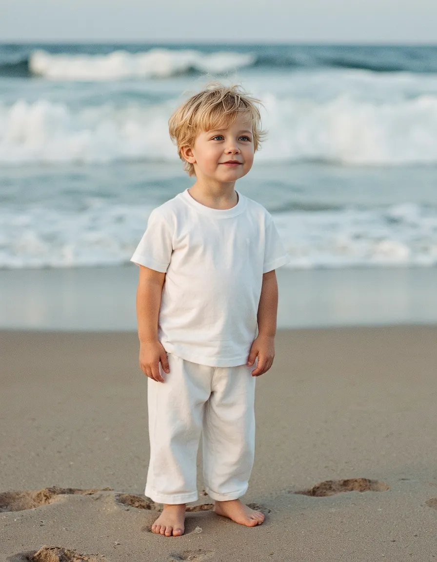 Child in white outfit standing on sandy beach with ocean waves in background, soft natural lighting creates peaceful seaside portrait