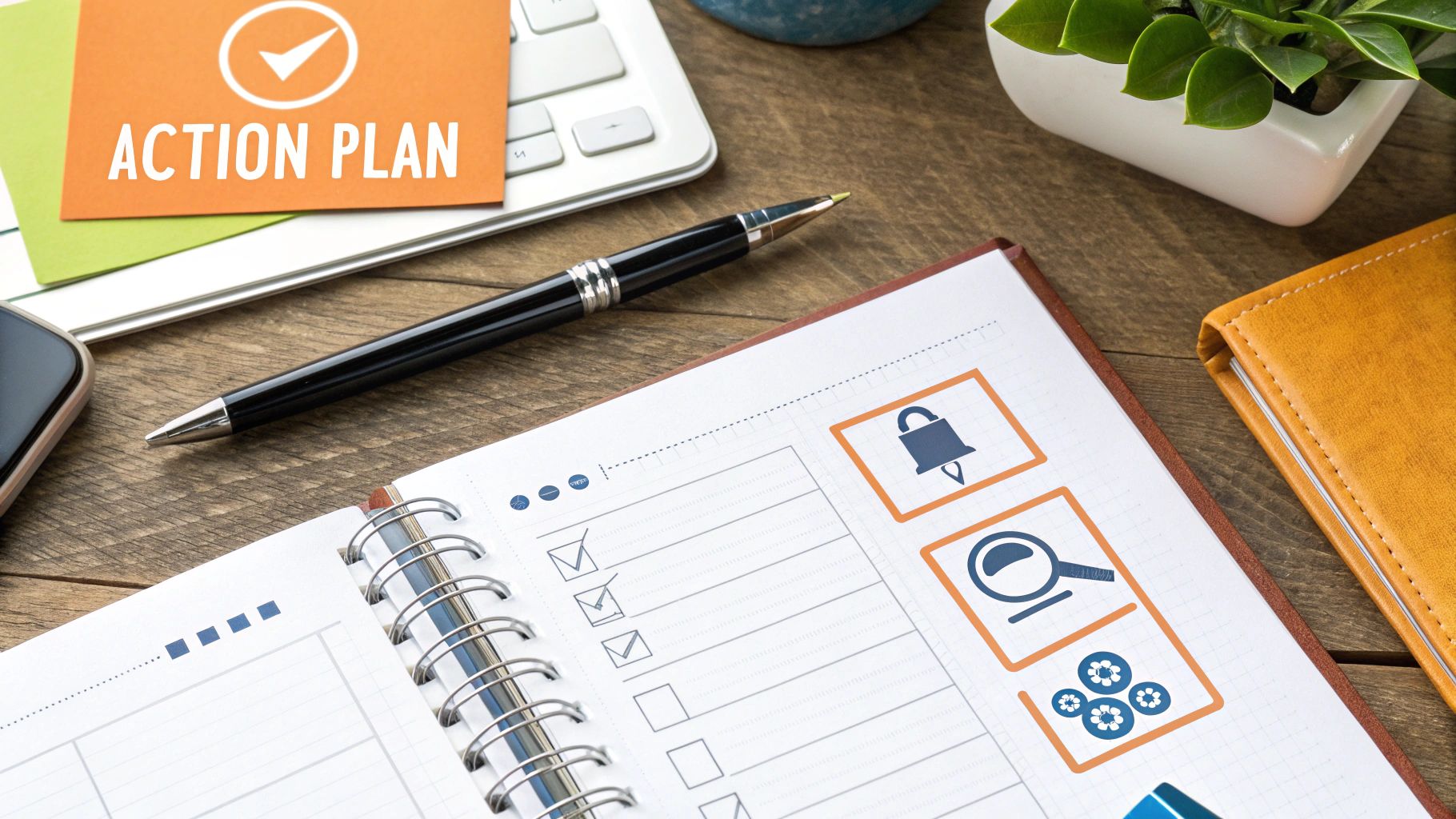 A top-down view of a desk with an 