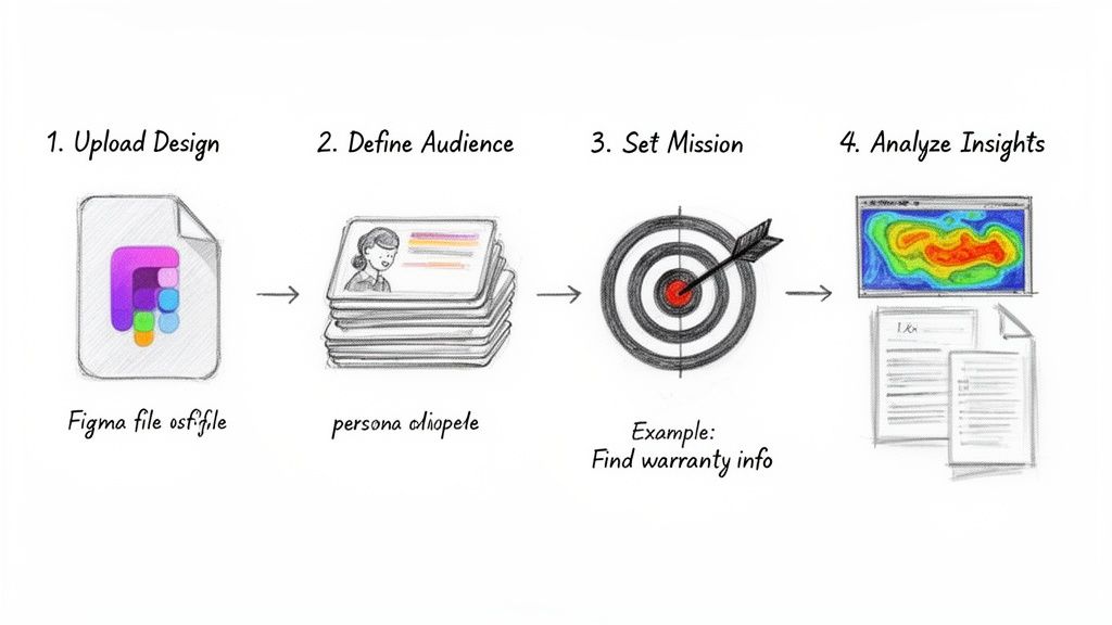 A four-step diagram illustrating a design testing workflow: upload, define audience, set mission, analyze insights.