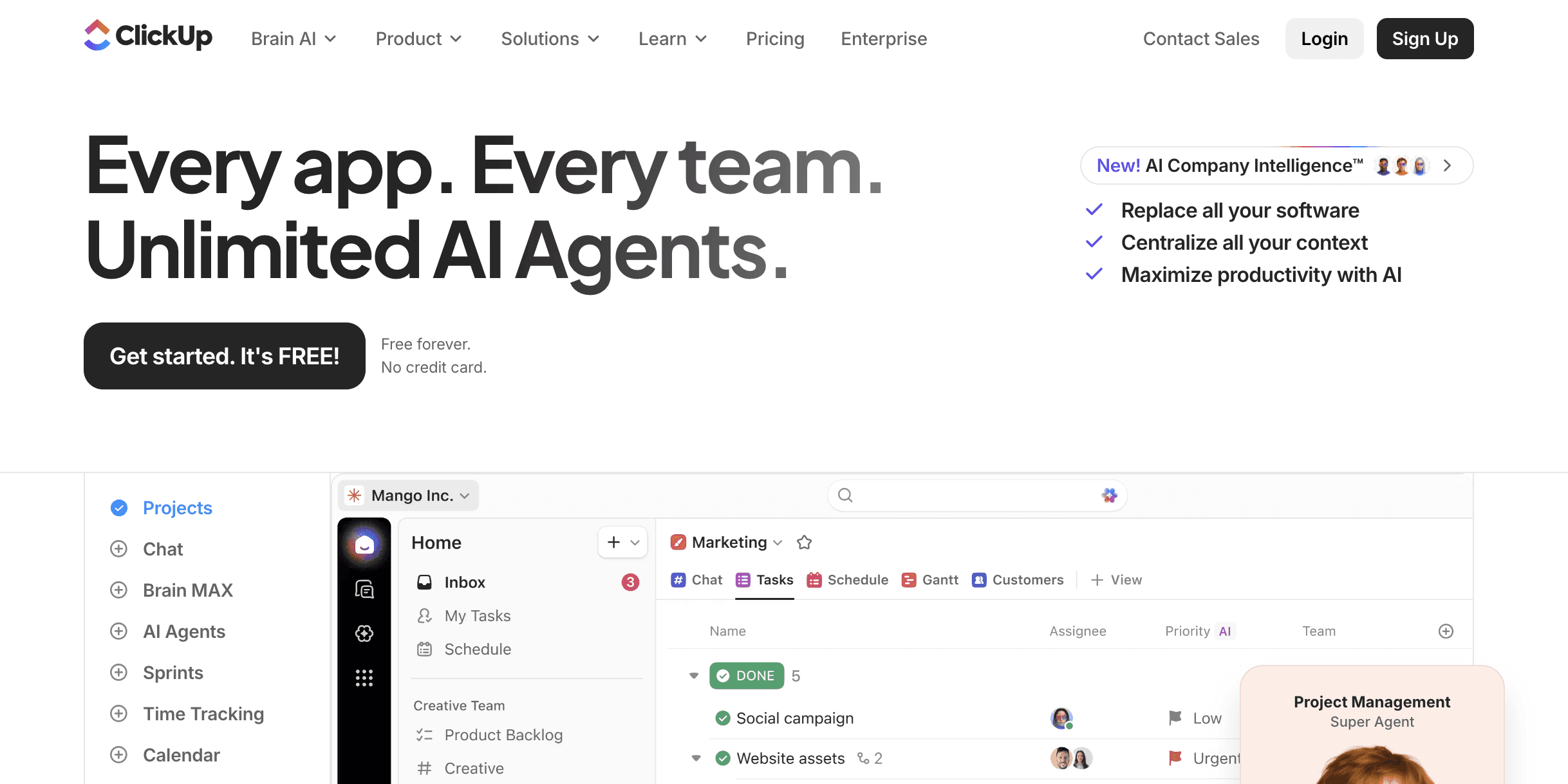 clickup page displaying the highlights of the platform