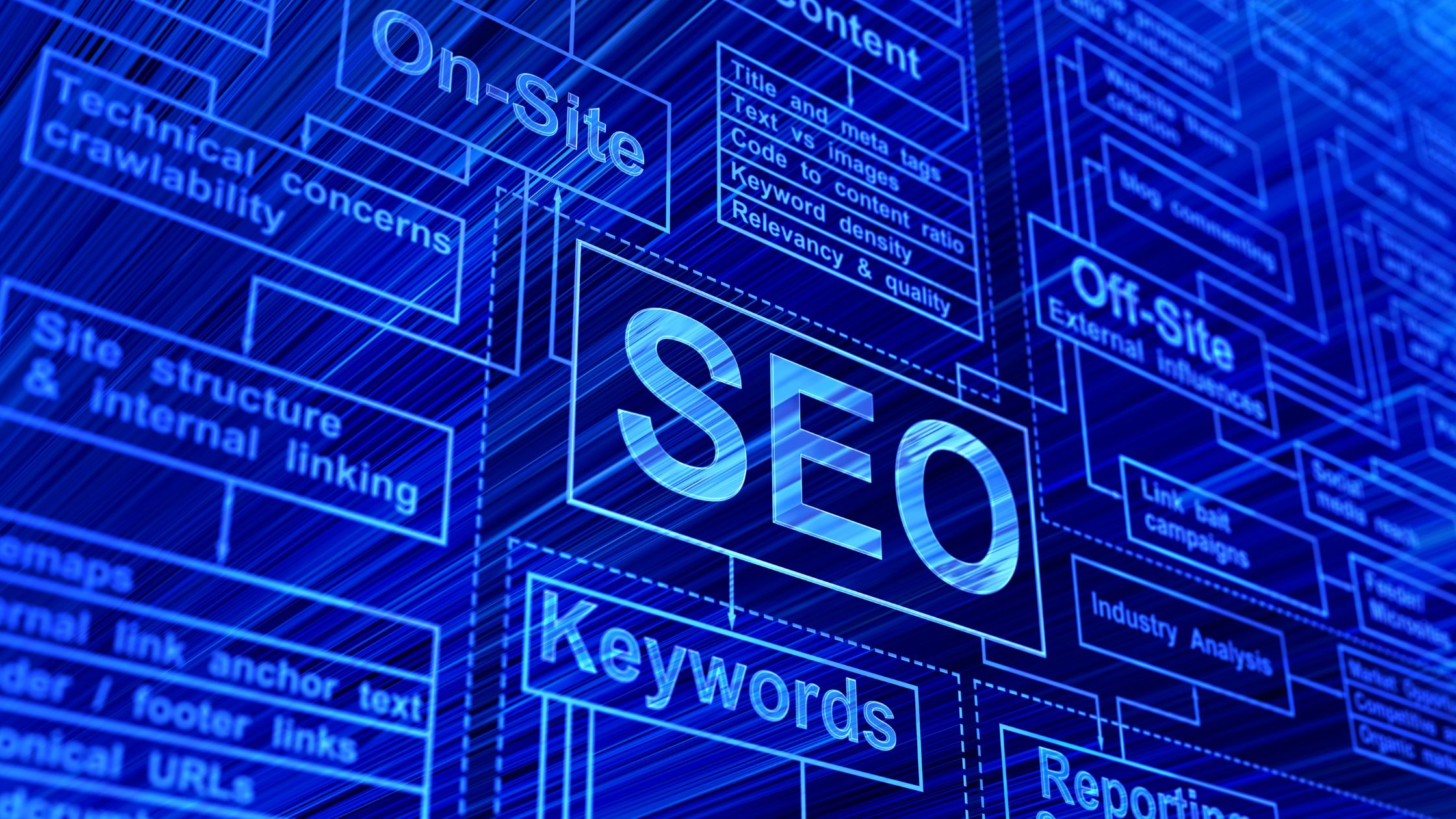 Grafische Darstellung von SEO-Konzepten mit Begriffen wie Keywords, On-Site-Optimierung und Content-Struktur – Symbolbild für Suchmaschinenoptimierung und digitale Sichtbarkeit.