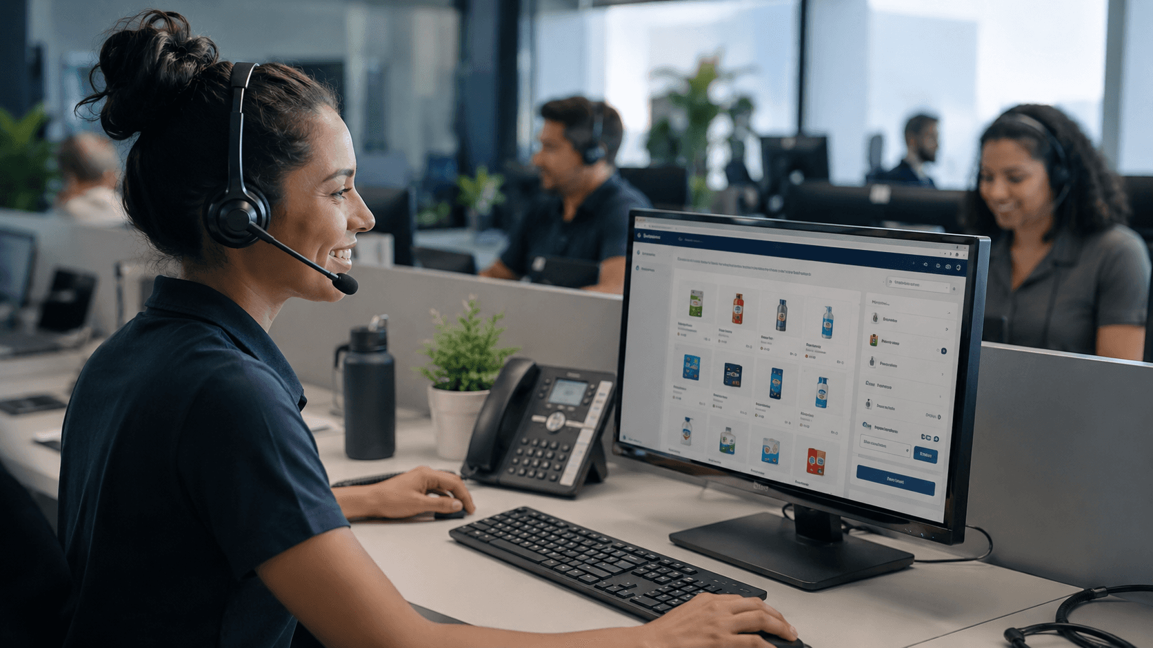 Equipe de televendas utilizando um portal B2B em tempo real dentro de um escritório moderno, realizando pedidos diretamente pela plataforma durante o atendimento ao cliente. Cena em estilo realista 3D, mostrando operadores com headset trabalhando em computadores com interface de catálogo de produtos, ambiente corporativo organizado, fluxo ágil de atendimento e foco em produtividade operacional.