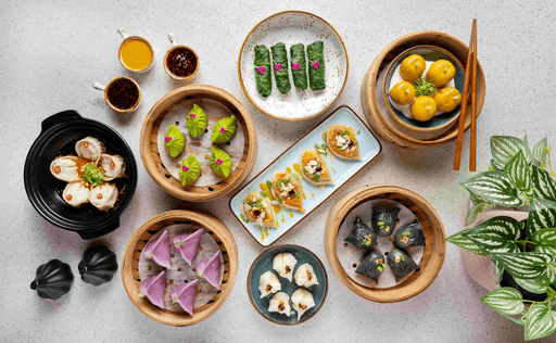 Assorted vegetarian dim sum dishes made with vegetables and plant-based ingredients.