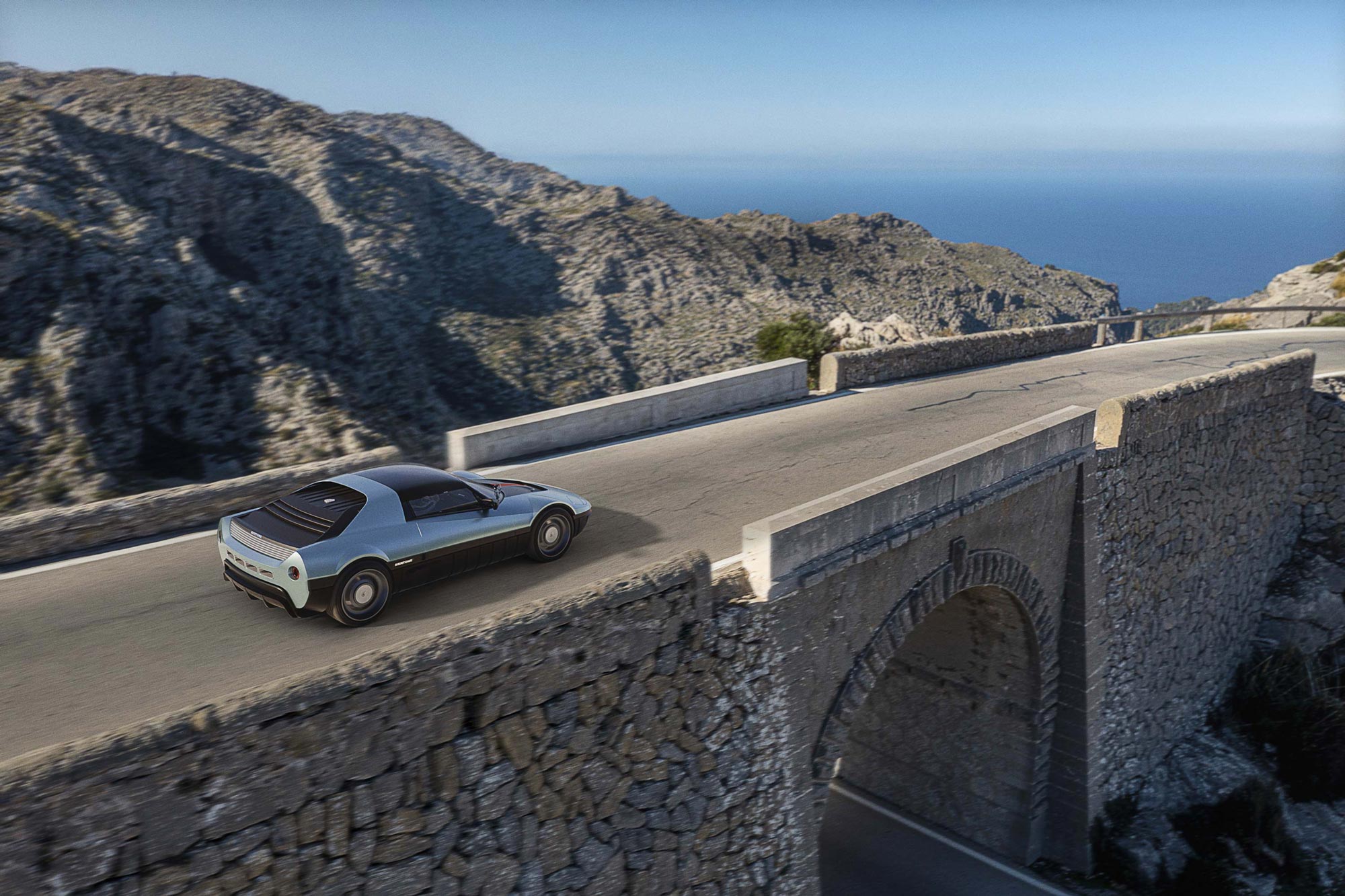 Photorealistic render of Bertone Runabout on a mountain pass overlooking the sea