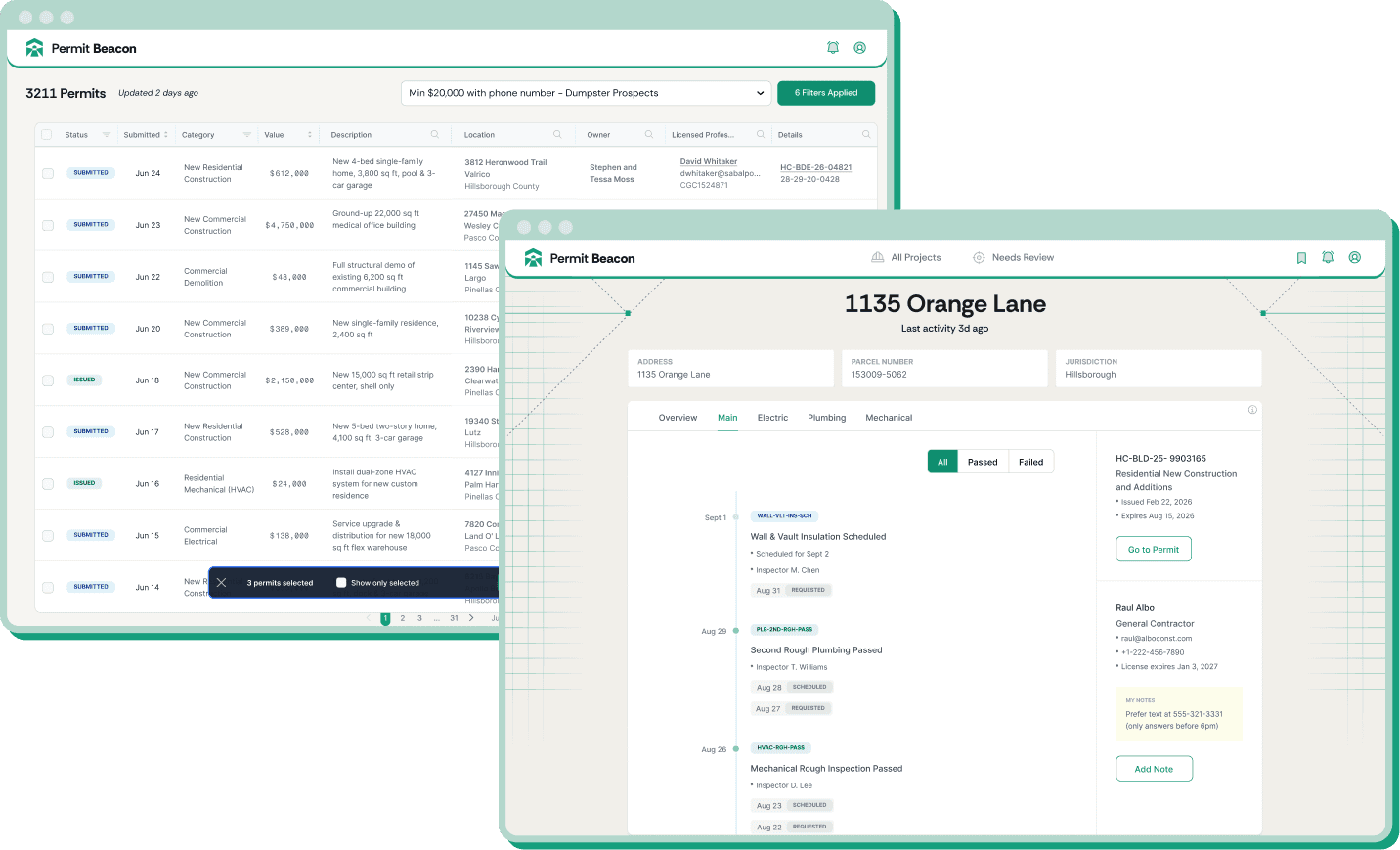 Permit Beacon dashboard showing filtered construction permits list and inspection tracking timeline for a project.