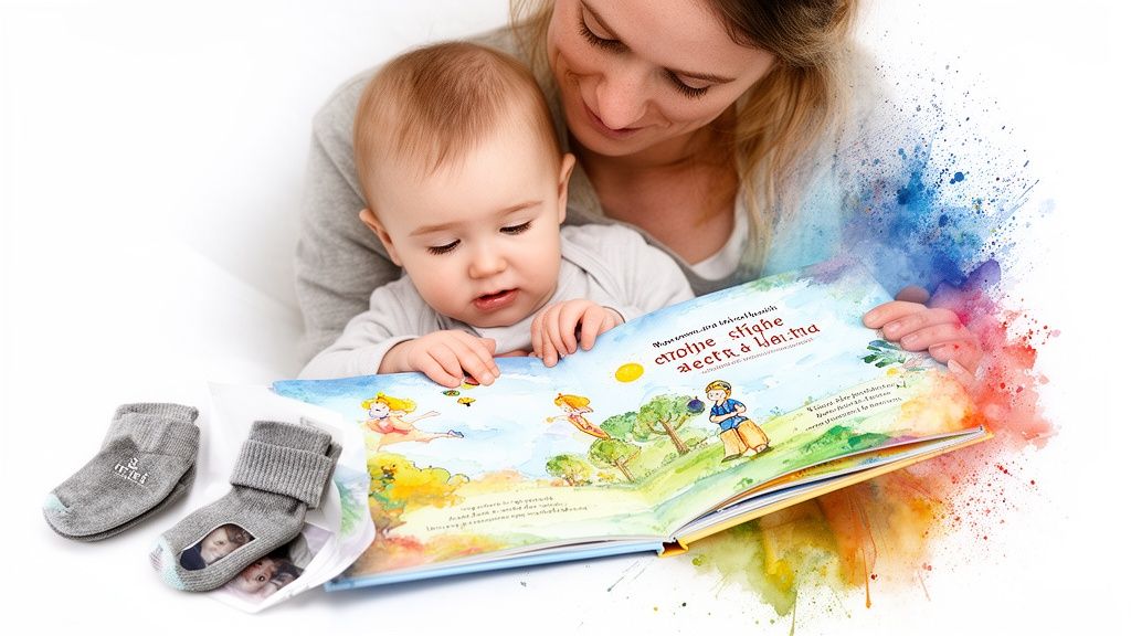A happy mother and baby are engrossed in reading a colorful children's book, with personalized socks nearby.
