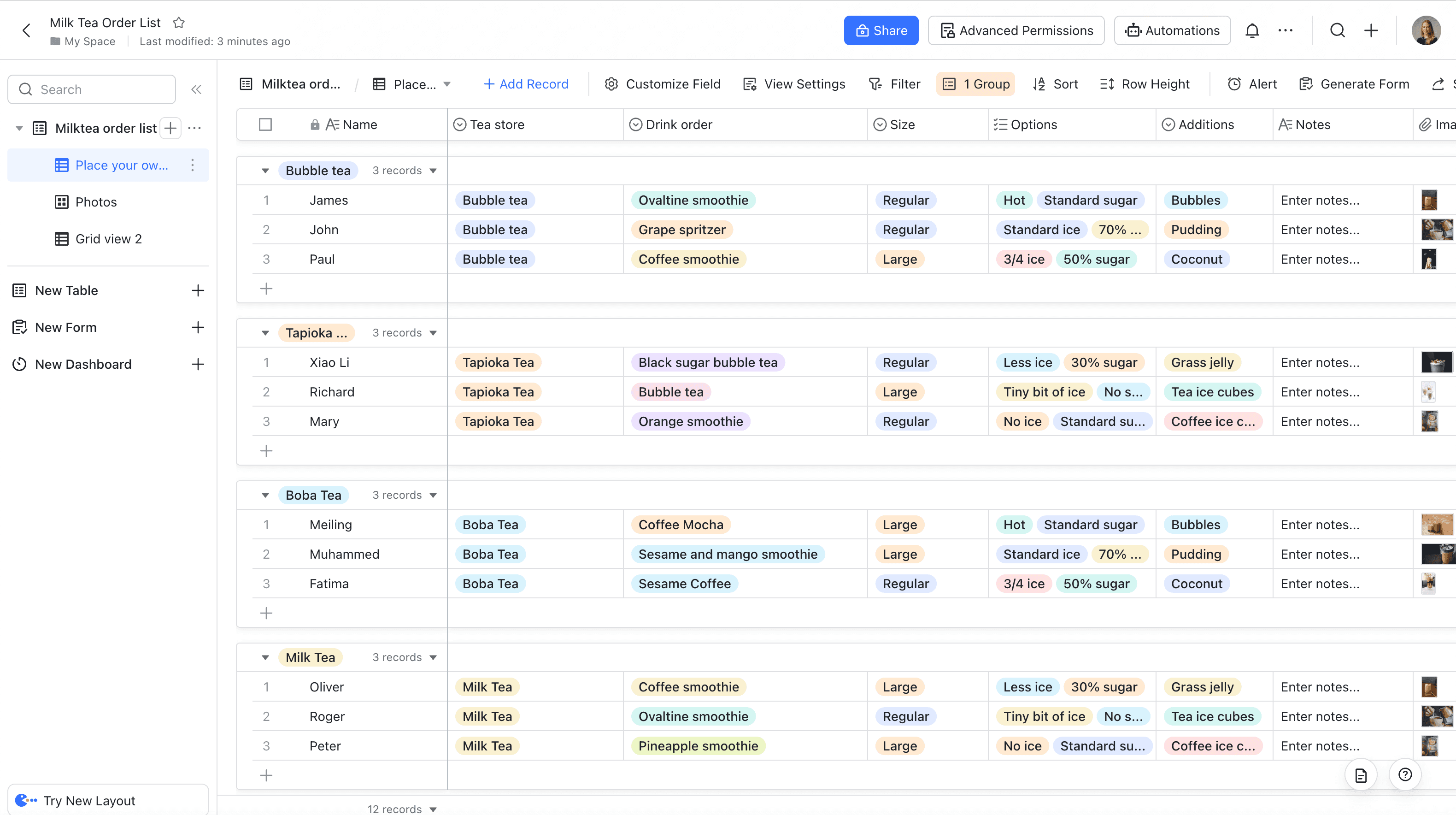 milk tea order list template