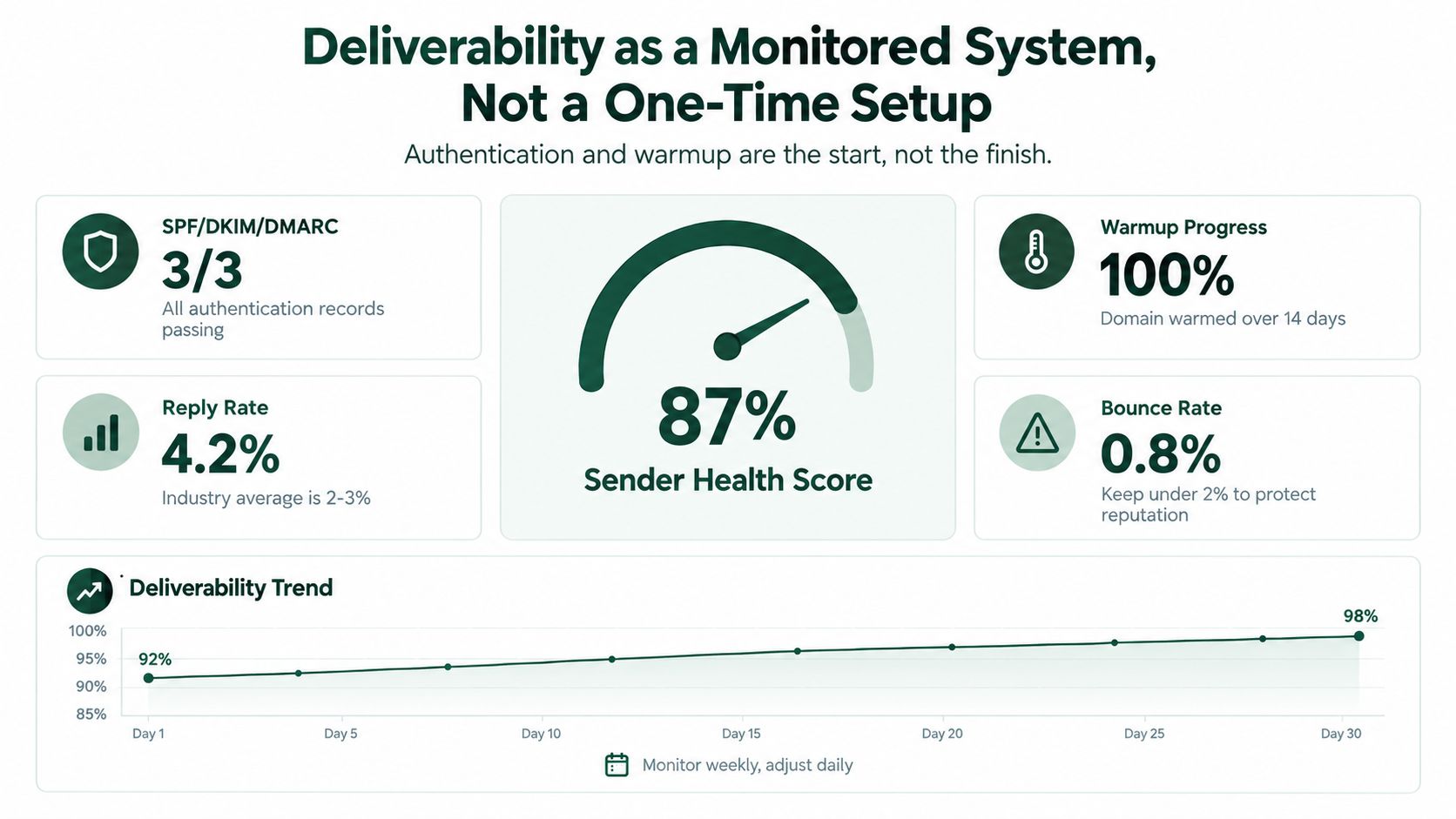 A dashboard showing a sender health score of 87 percent with metrics for email authentication and deliverability.